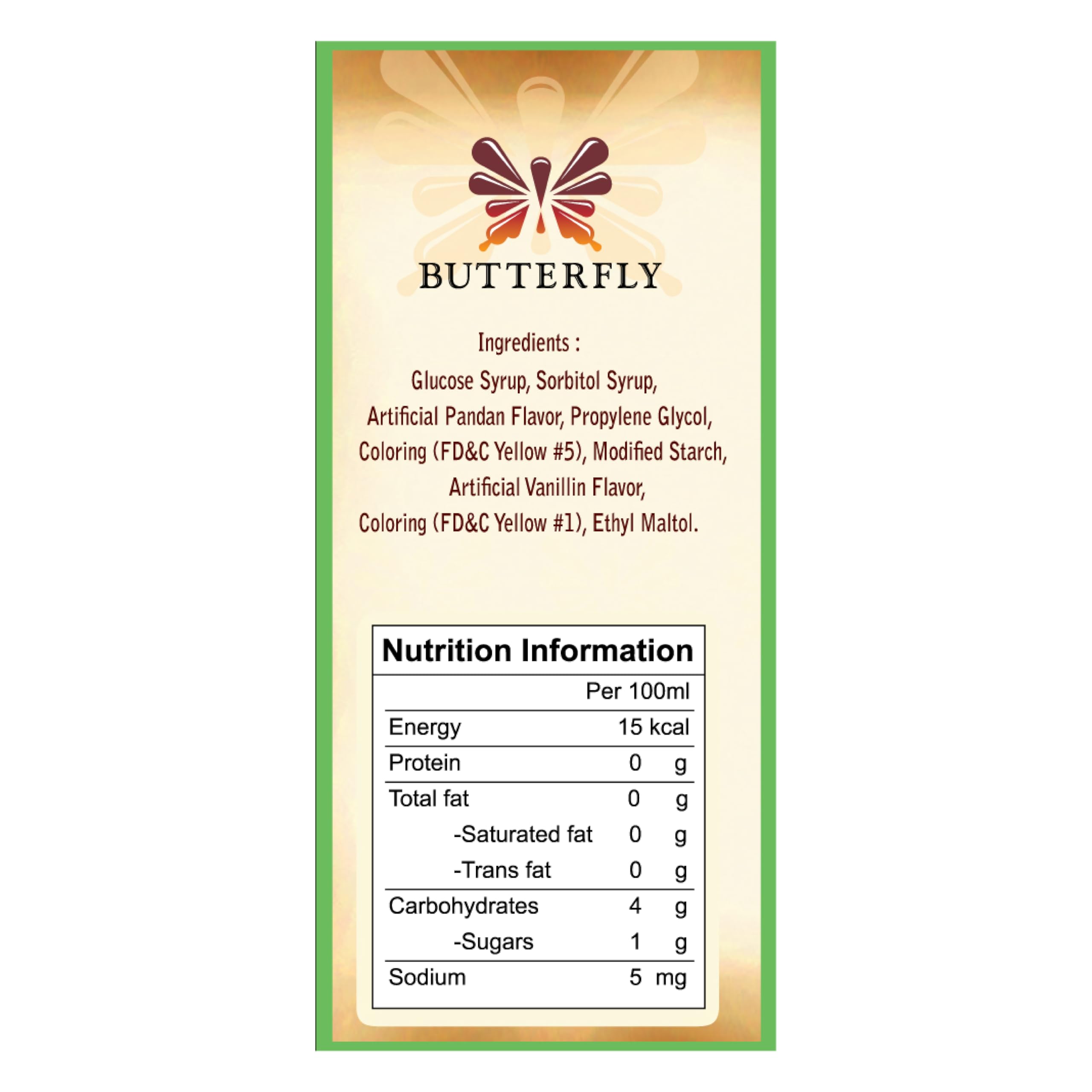 Butterfly Pandan Flavoring Bottle Label close-up shows authentic pandan aroma
