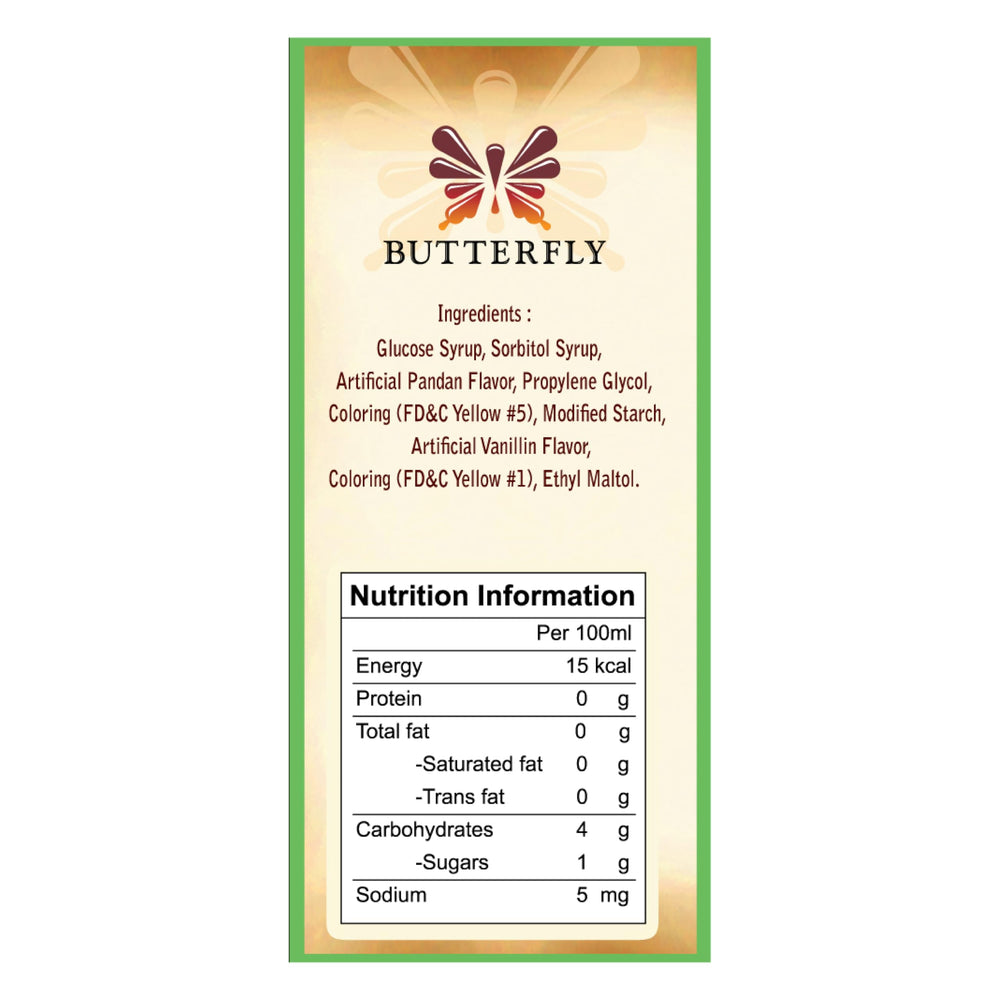 Butterfly Pandan Flavoring Bottle Label close-up shows authentic pandan aroma