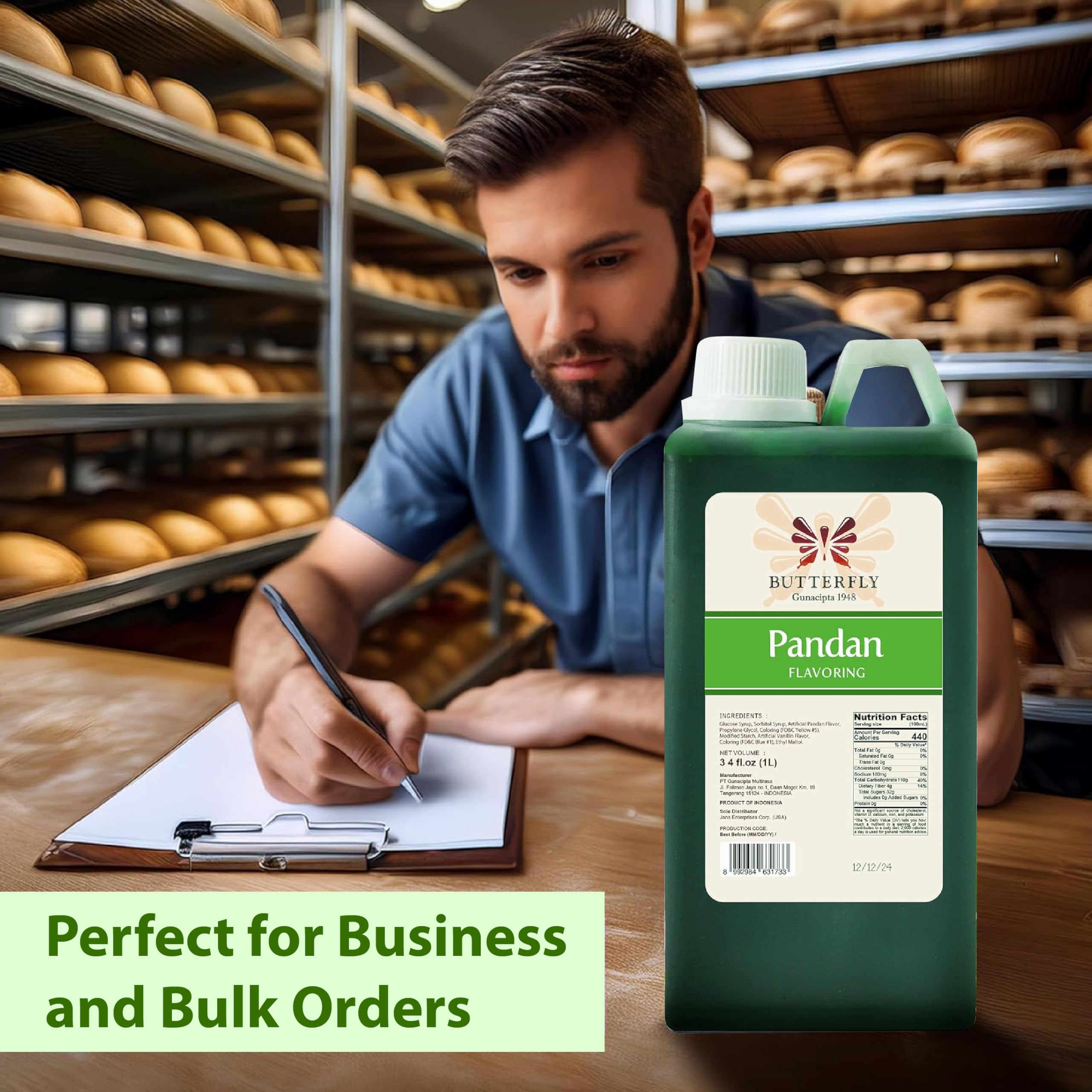 Butterfly Pandan Flavoring Extract beside a coffee cup for cafe-inspired drinks.