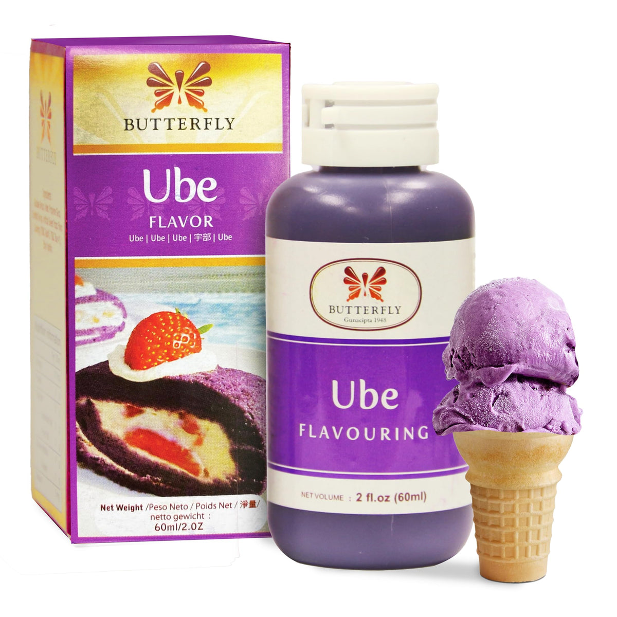 Butterfly Ube Flavoring Extract bottle showing vibrant purple color for baking.
