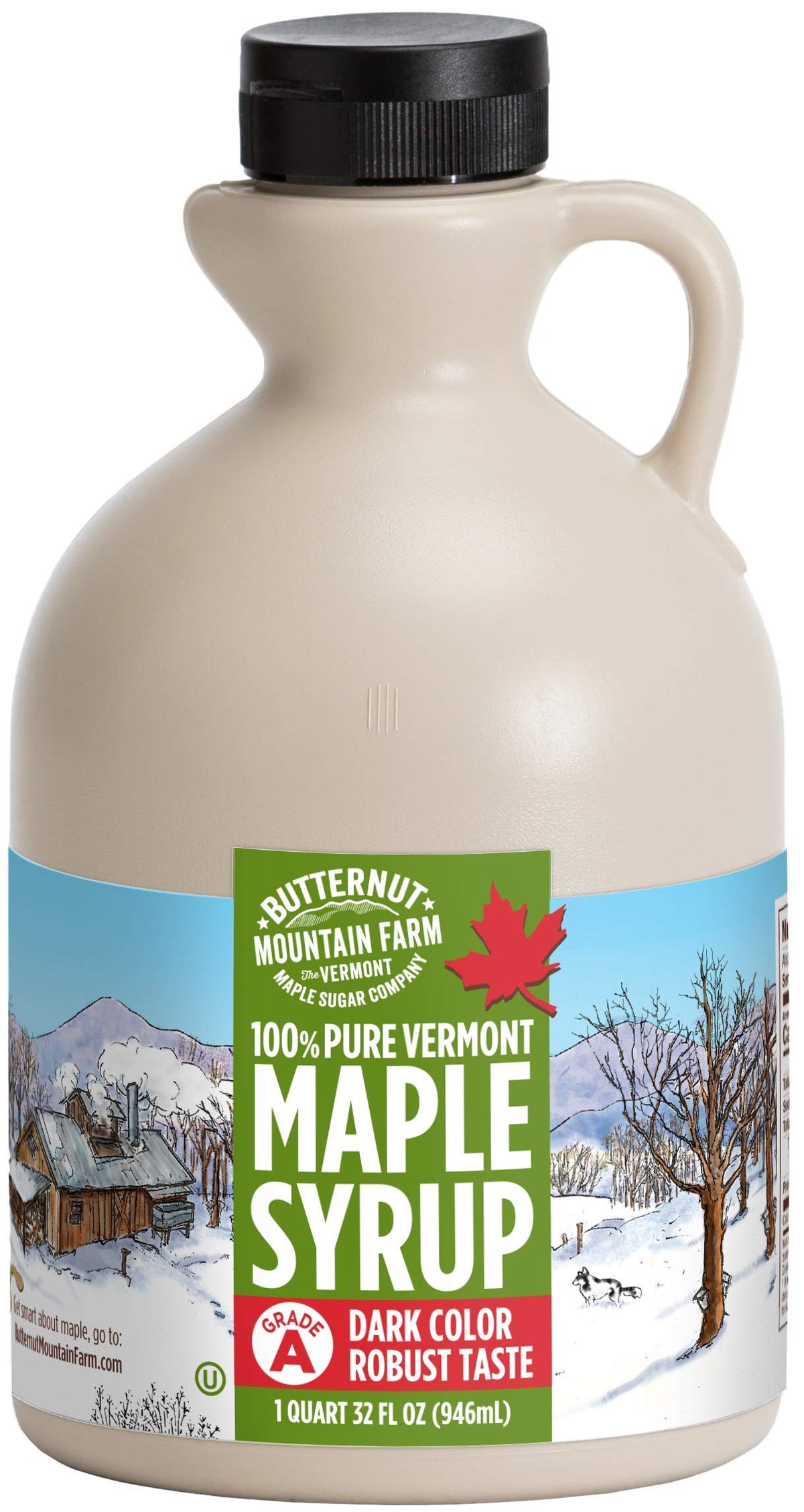 Butternut Mountain Farm maple syrup bottle on kitchen counter for everyday cooking.
