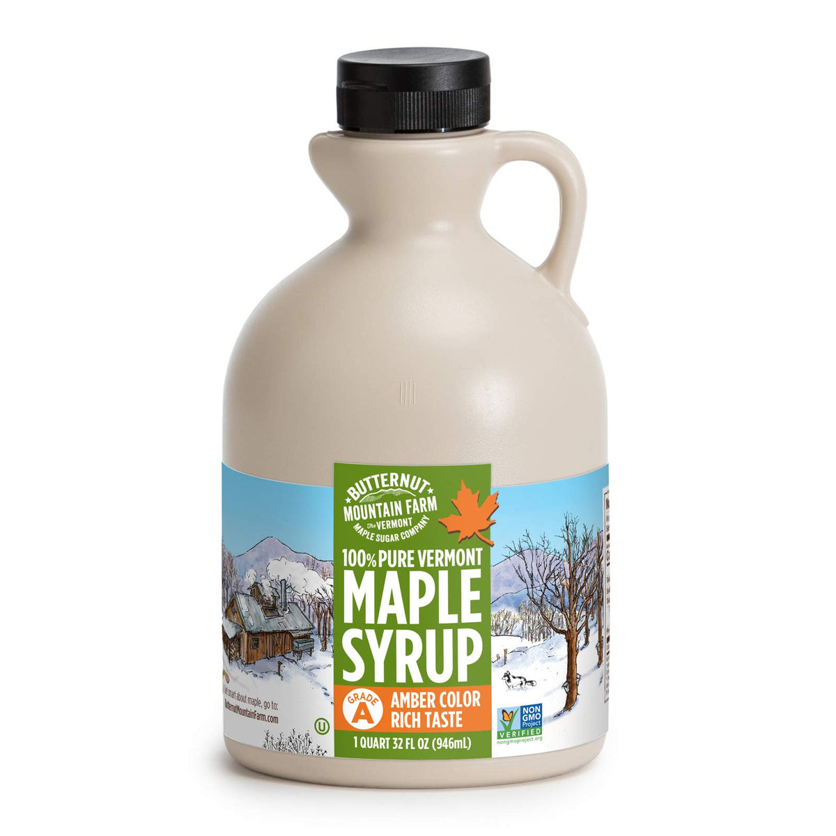 Butternut Mountain Farm maple syrup amber color pour enriches breakfast with a rich, natural maple flavor