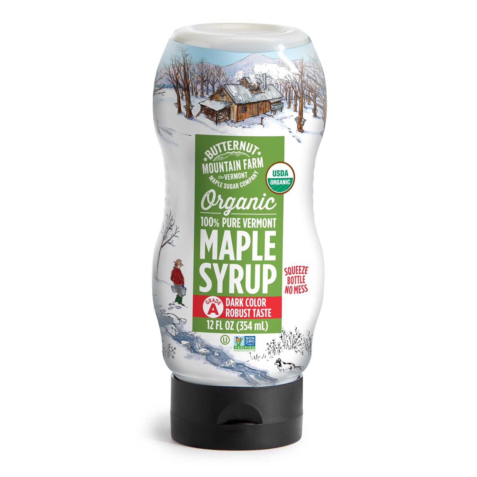 Butternut Mountain Farm maple syrup bottle pour for rich breakfast and cooking.