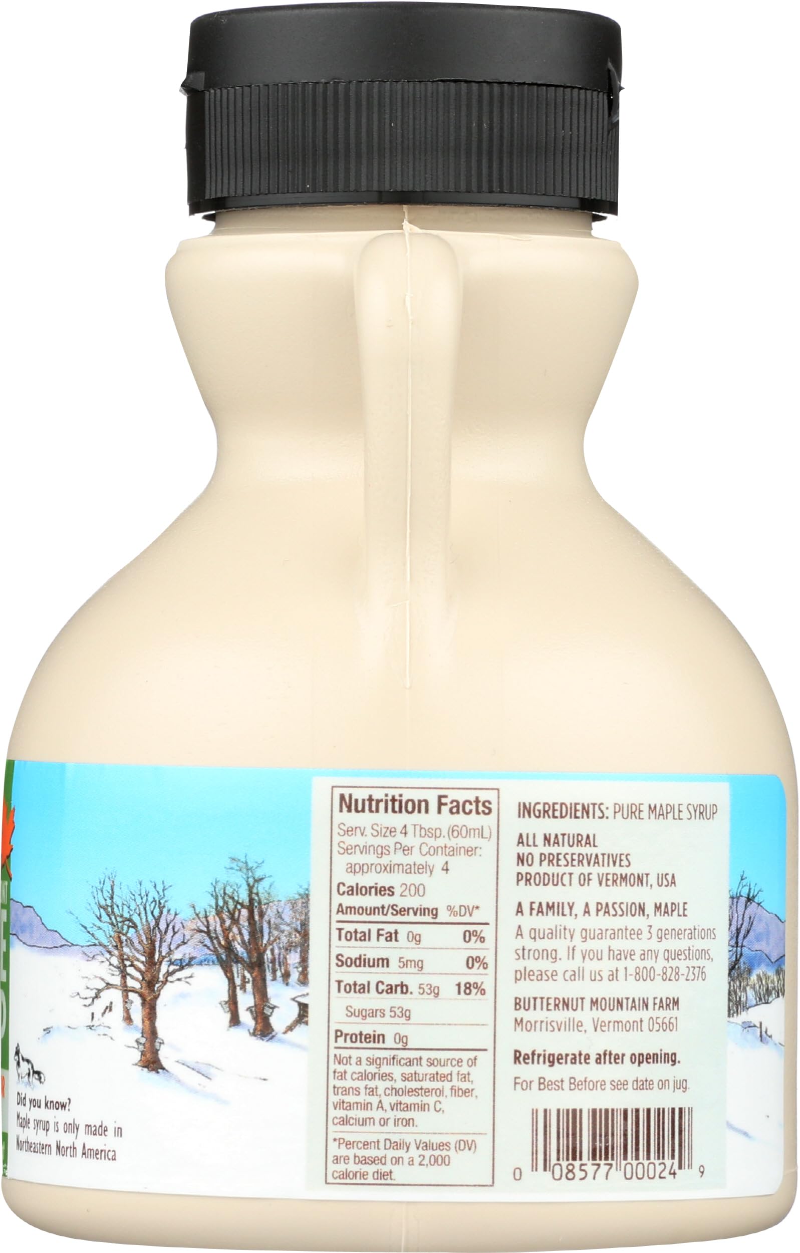 Label visible on Butternut Mountain Farm maple syrup bottle—brand heritage and origin.
