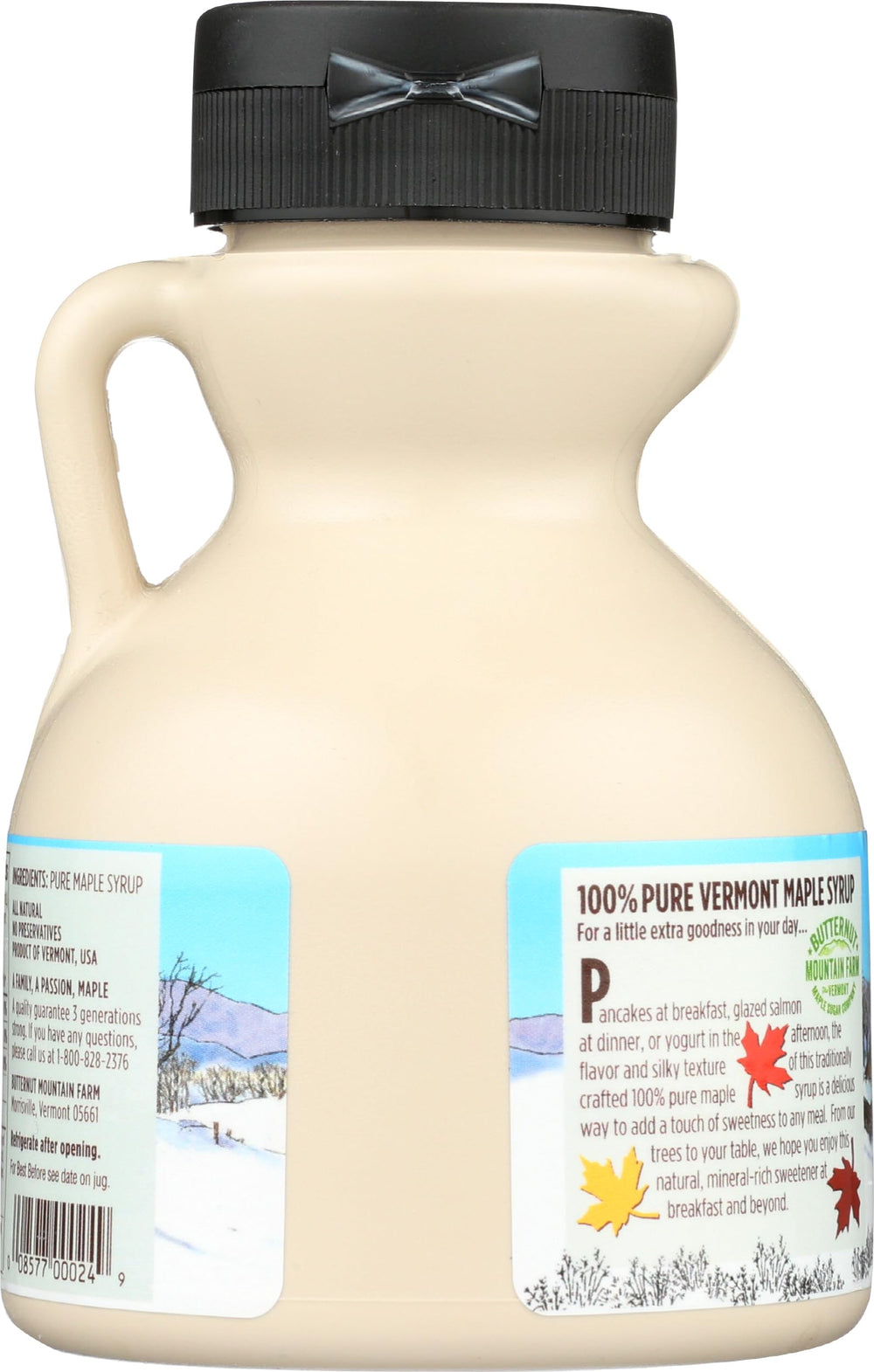 Butternut Mountain Farm maple syrup on pancakes—classic morning pairing.