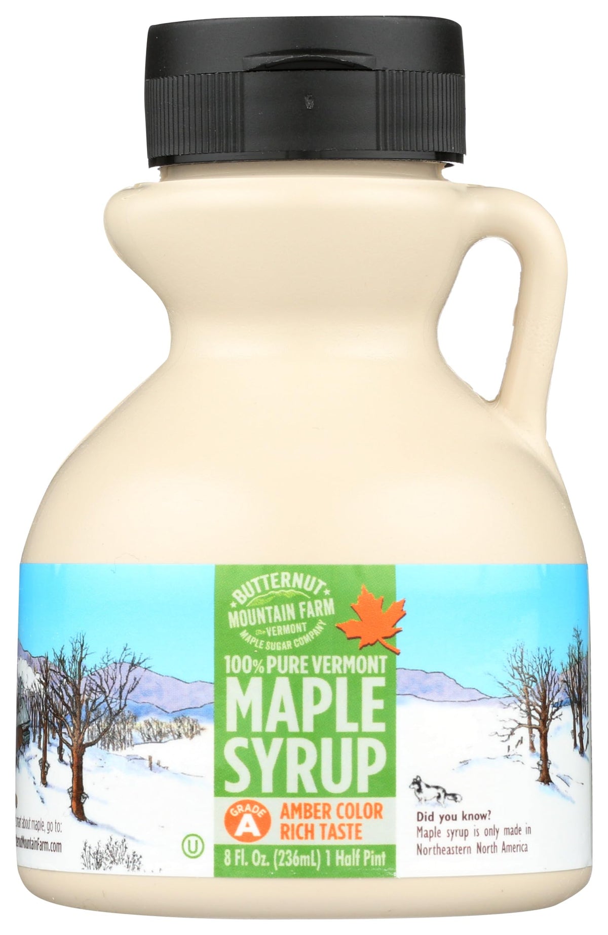 Butternut Mountain Farm rich amber maple syrup bottle—premium flavor for everyday breakfasts.