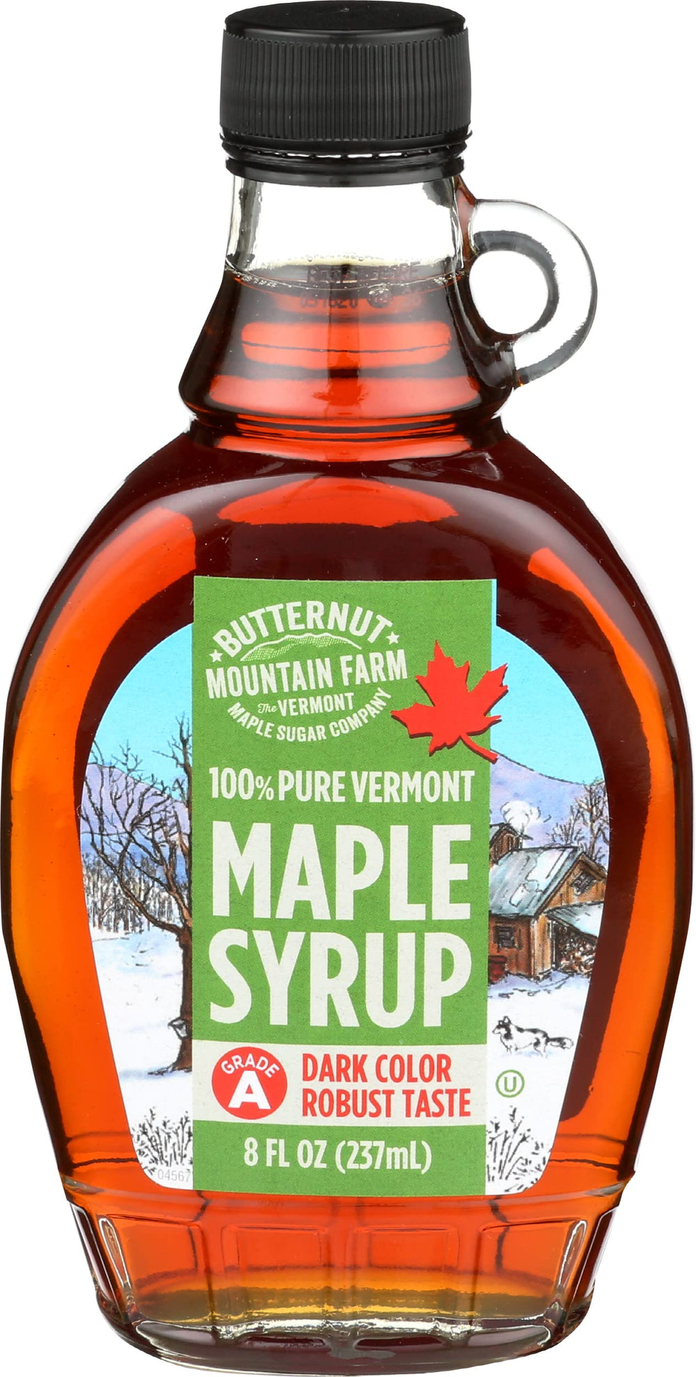 Butternut Mountain Farm Robust Dark Maple Syrup bottle ready for pouring on pancakes.