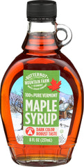 Butternut Mountain Farm Robust Dark Maple Syrup bottle ready for pouring on pancakes.