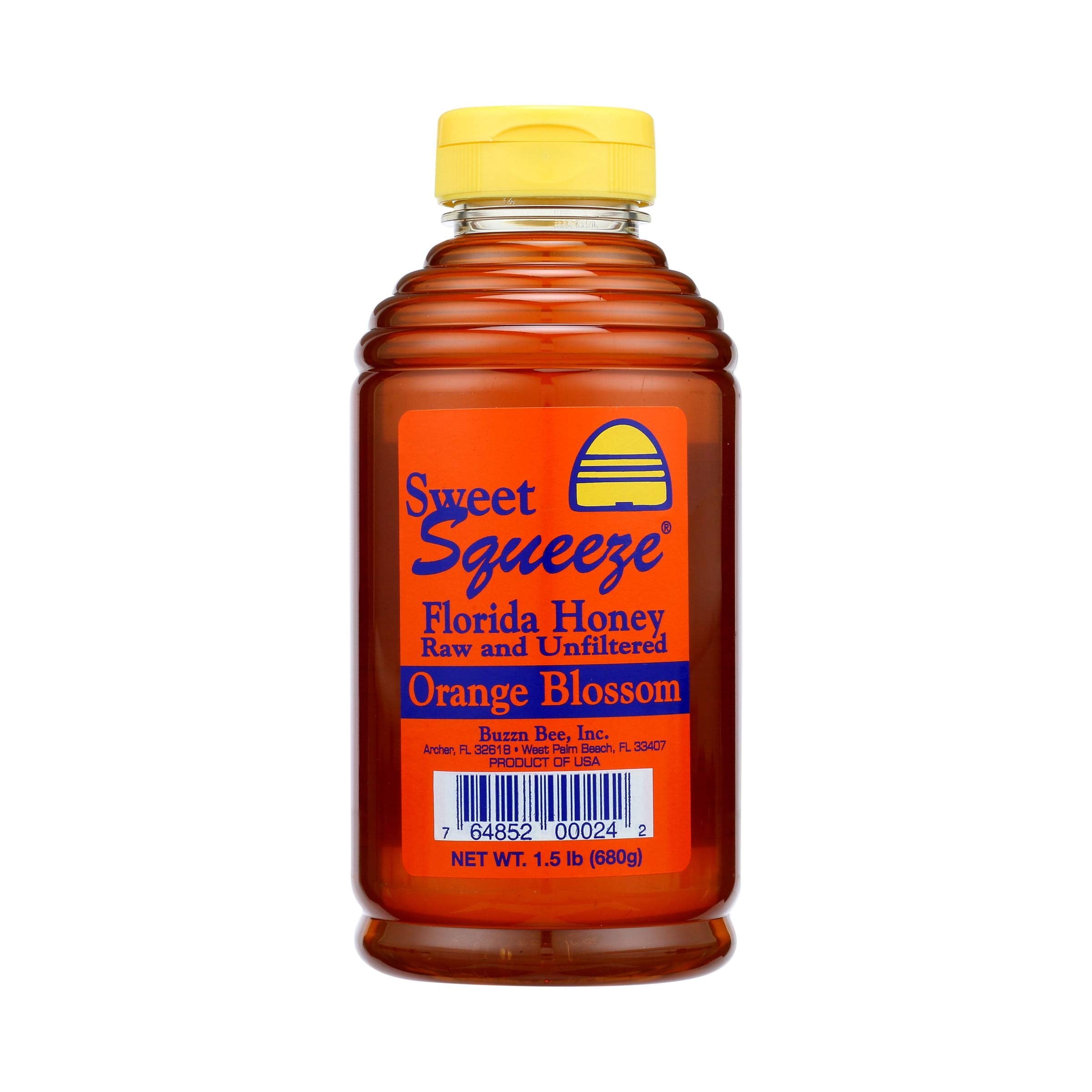 Buzzn Bee orange blossom honey jar shows amber color ideal for drizzle.