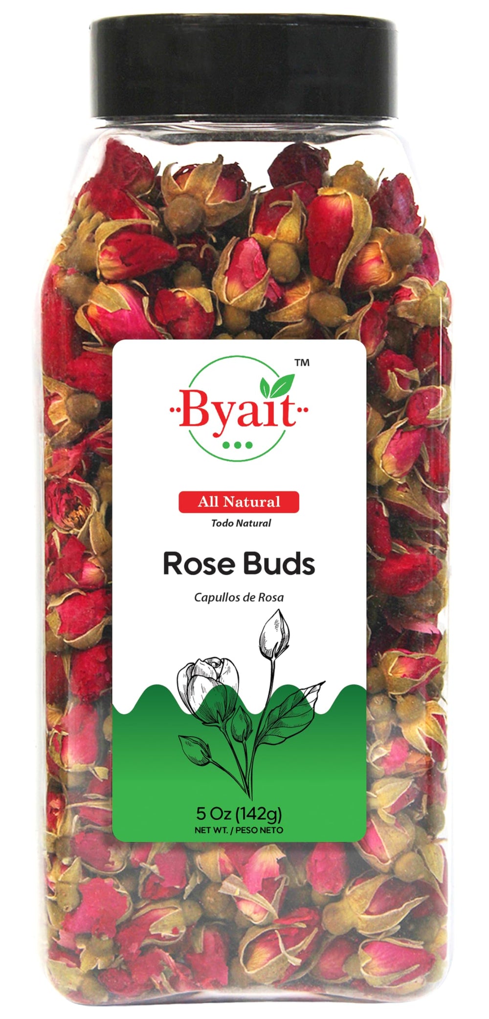 Byait freeze-dried rose buds in a jar front display offer vibrant color for teas.