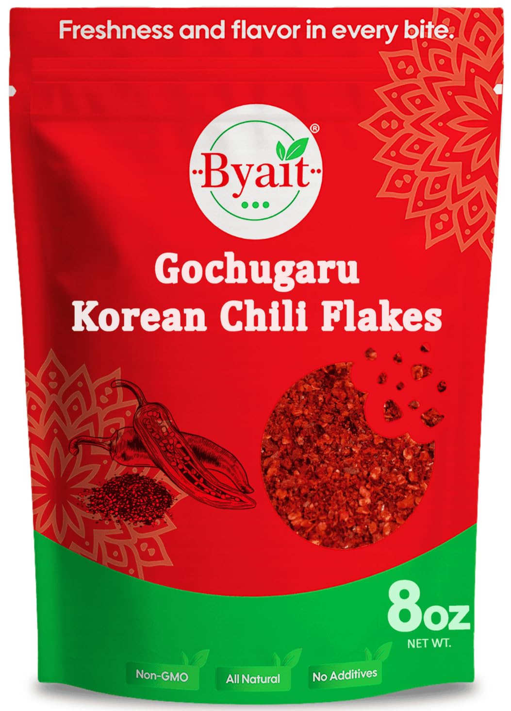 Byait Gochugaru 8oz bottle showcasing authentic Korean chili flakes for kimchi