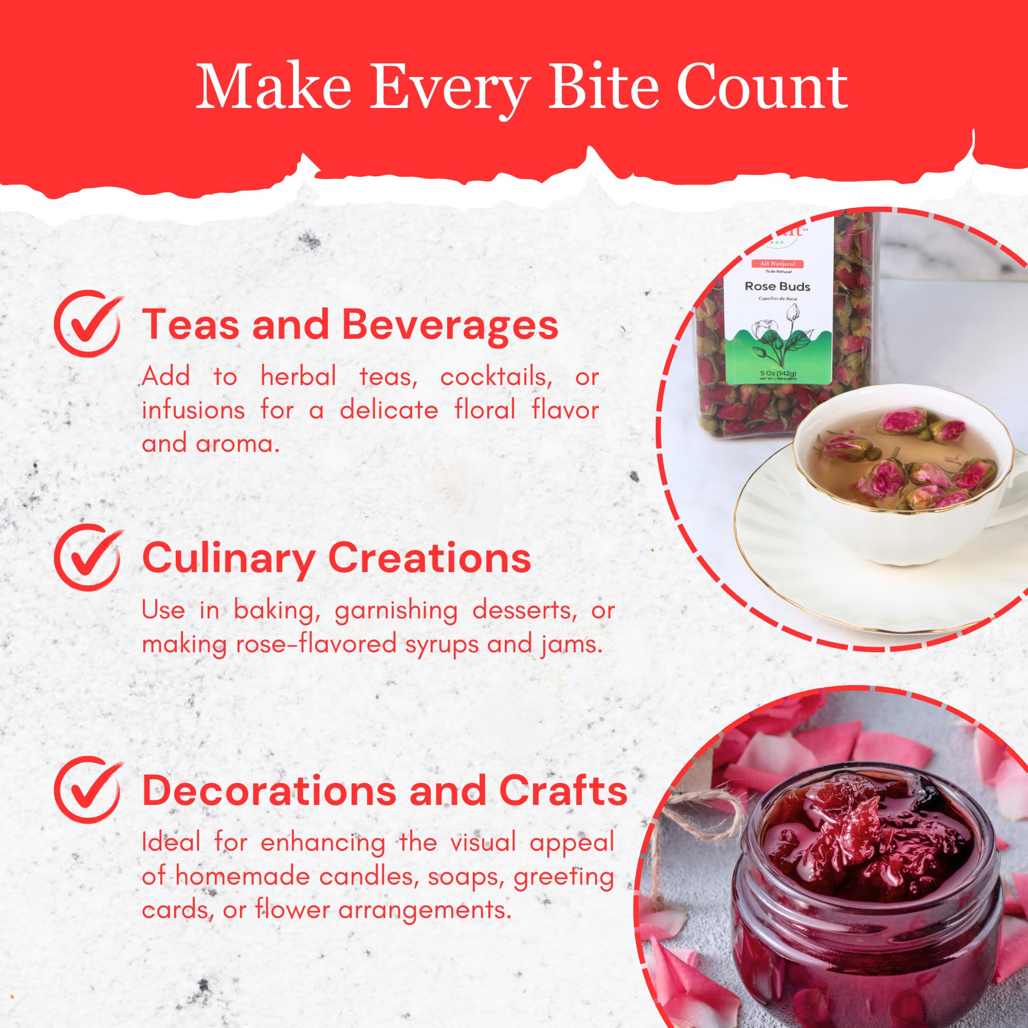 Byait rose buds baking-use display suggesting floral notes in desserts.