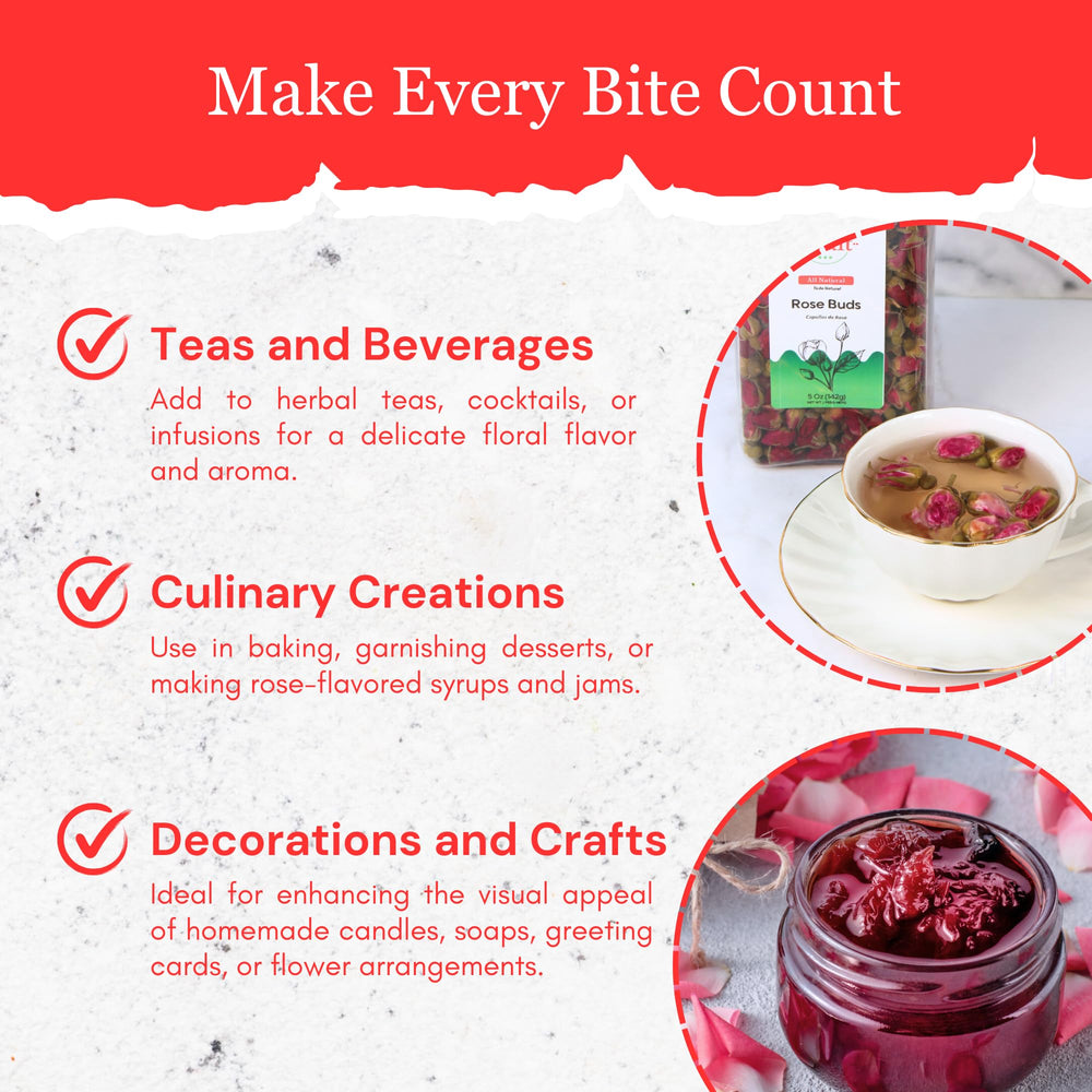 Byait rose buds baking-use display suggesting floral notes in desserts.
