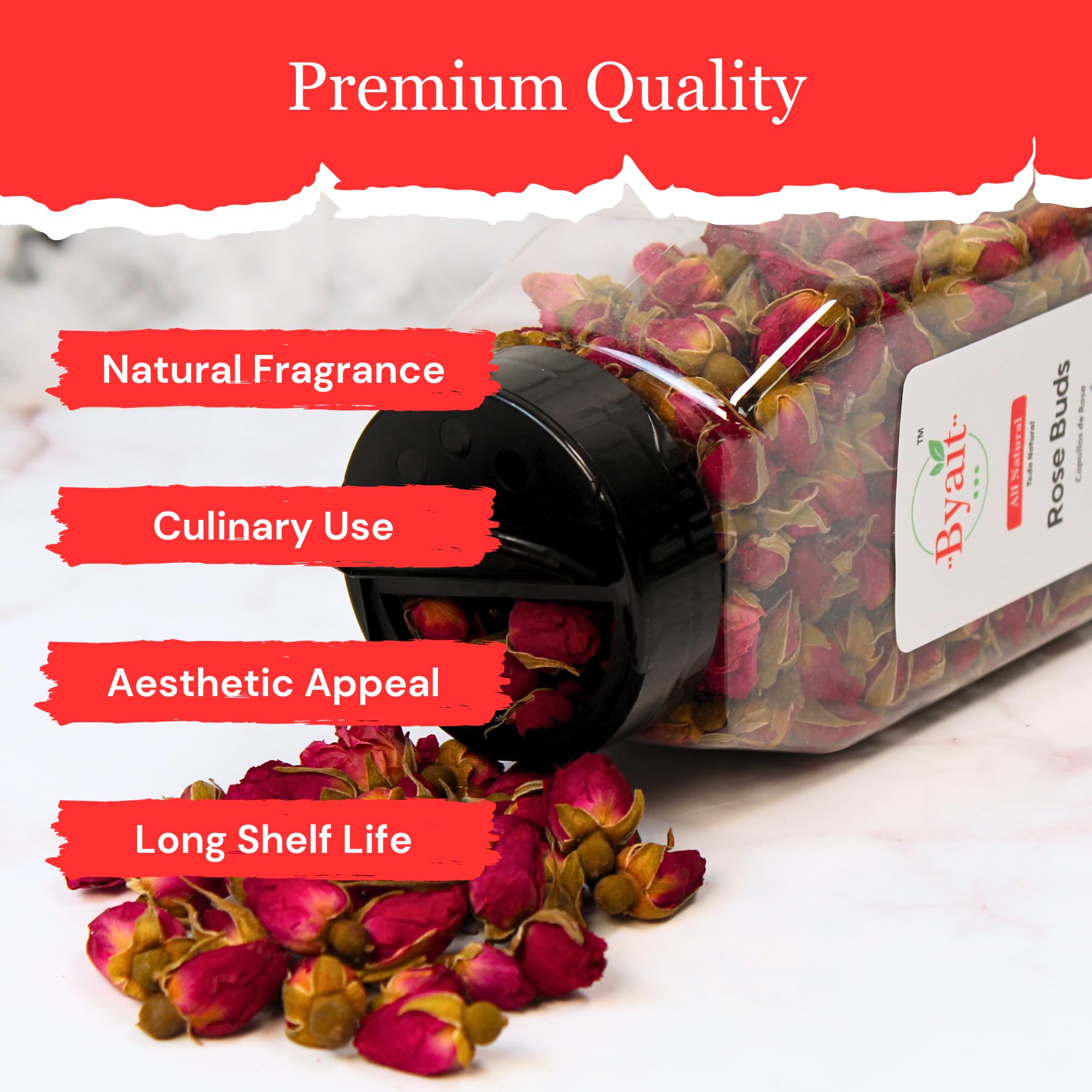 Byait rose buds packaged display showing premium quality for baking and crafts.