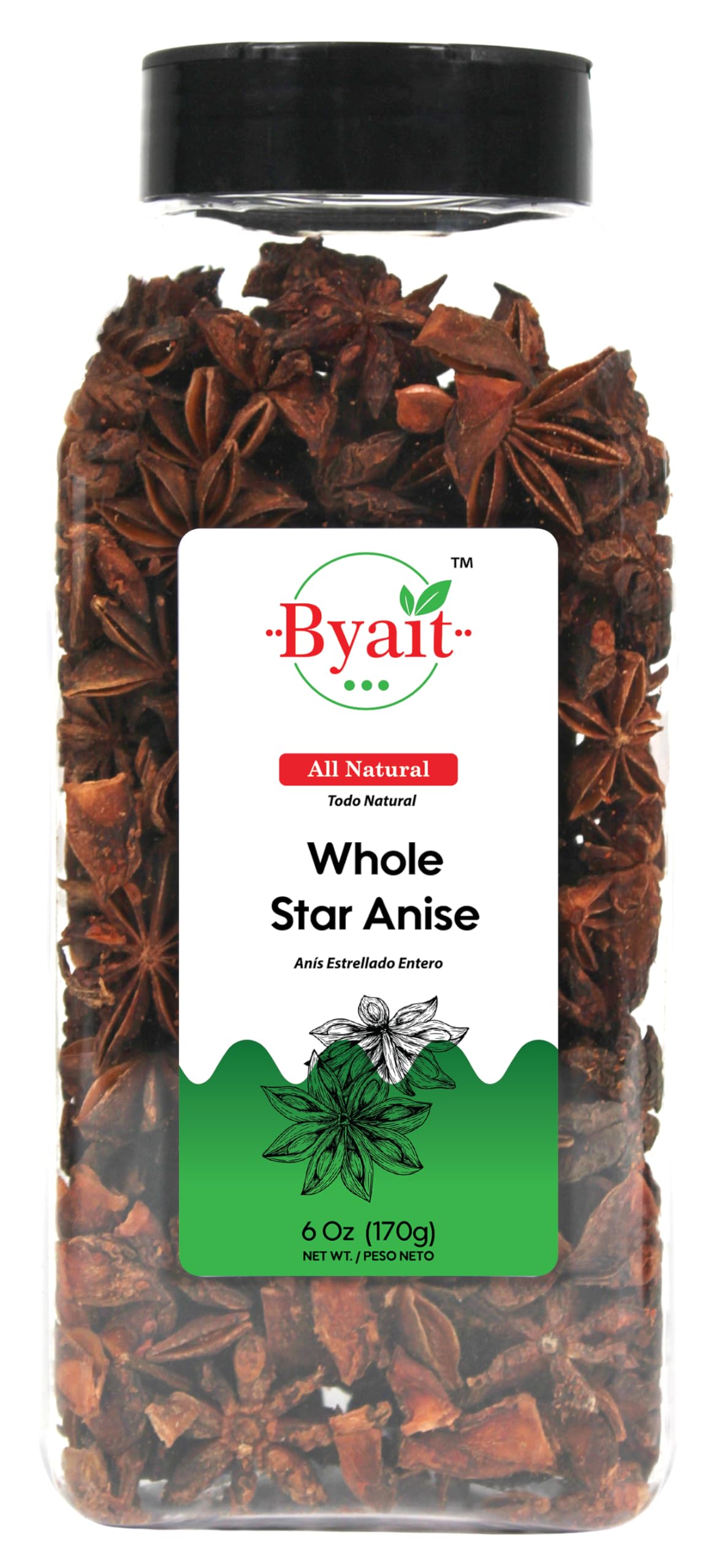 Byait whole star anise 6oz bottle for teas, broths, and savory dishes.