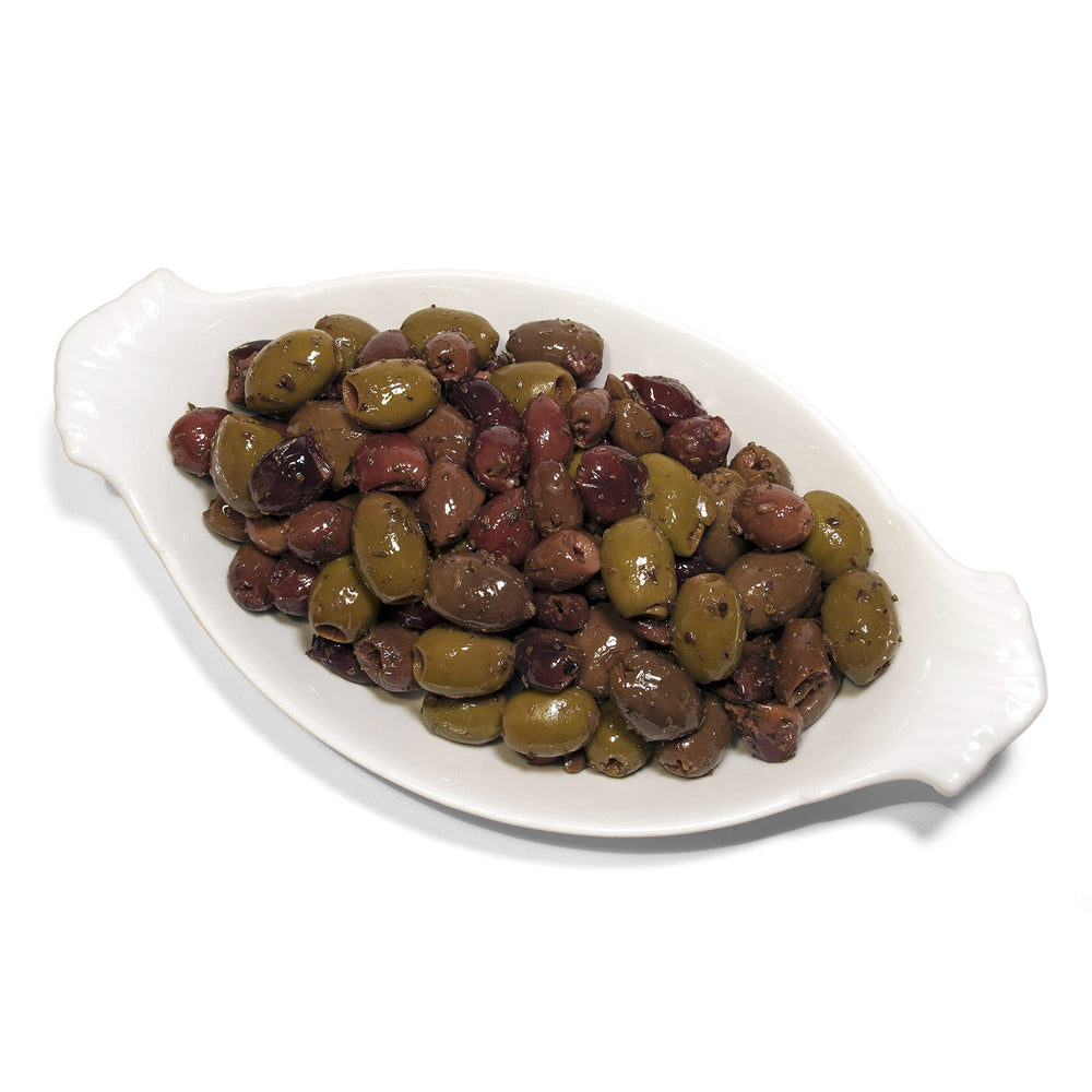 Byzantine olive mix: cracked green olives with tangy texture.