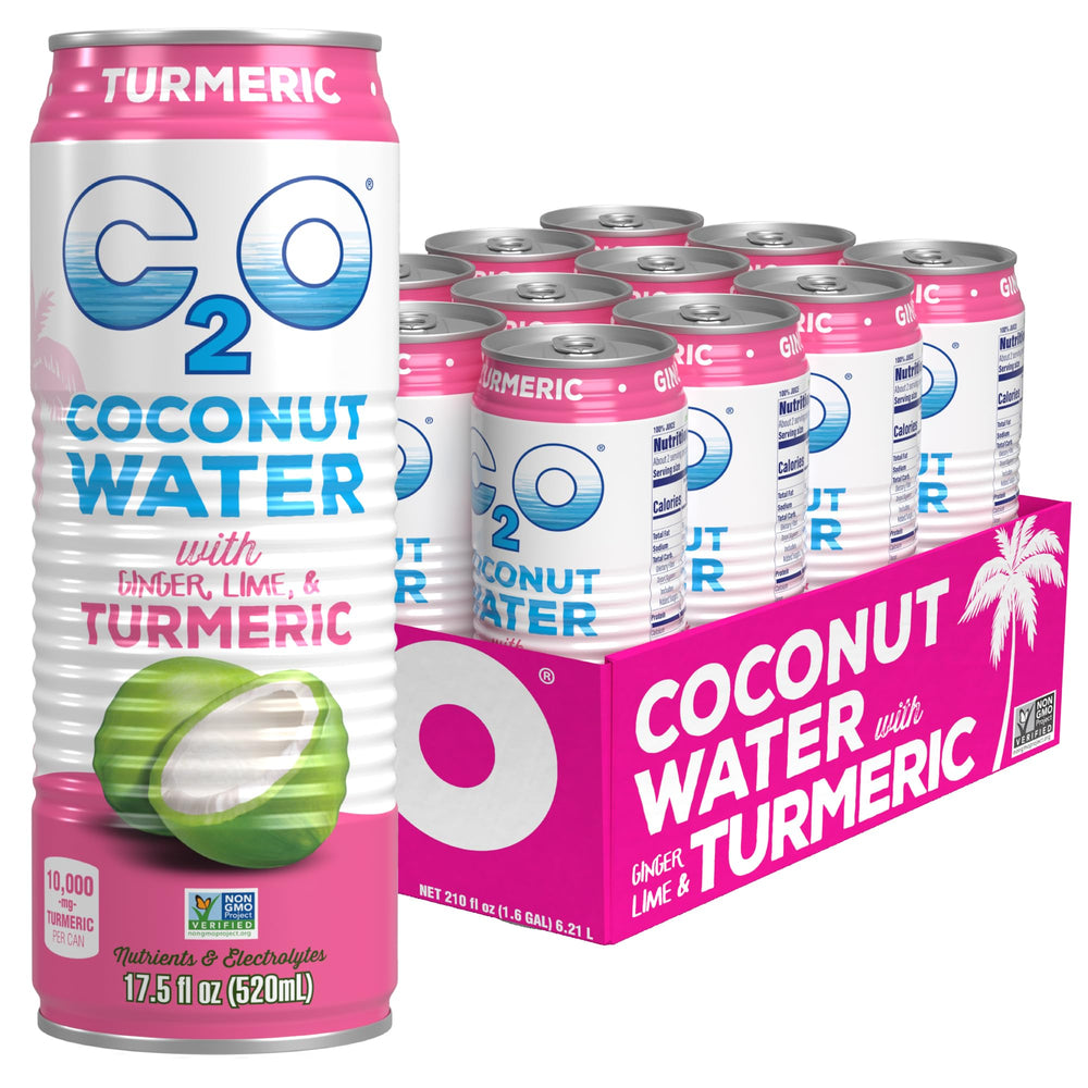 C2O coconut water with ginger lime and turmeric in a can close-up for refreshment