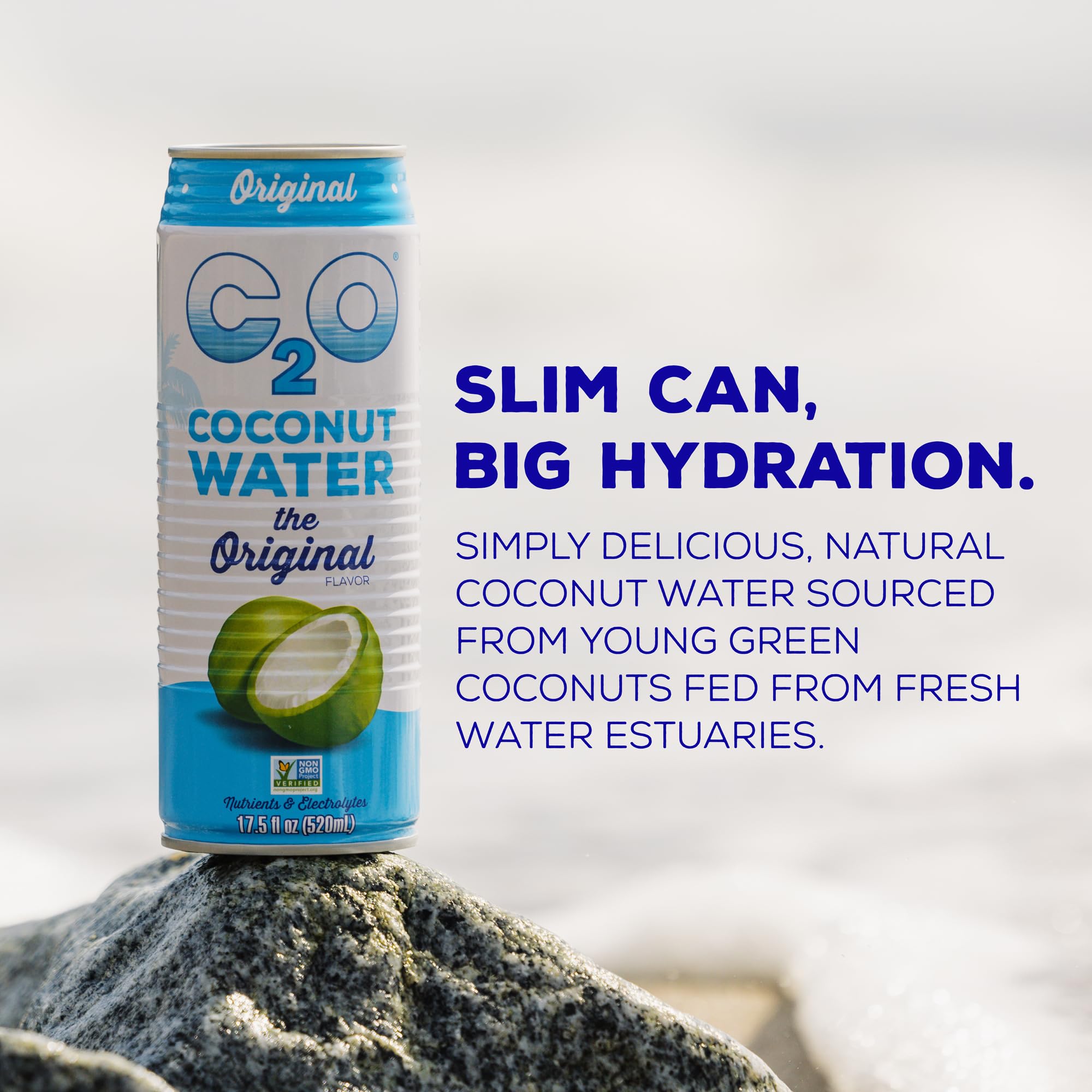Close-up of C2O fresh coconut water with natural clarity.