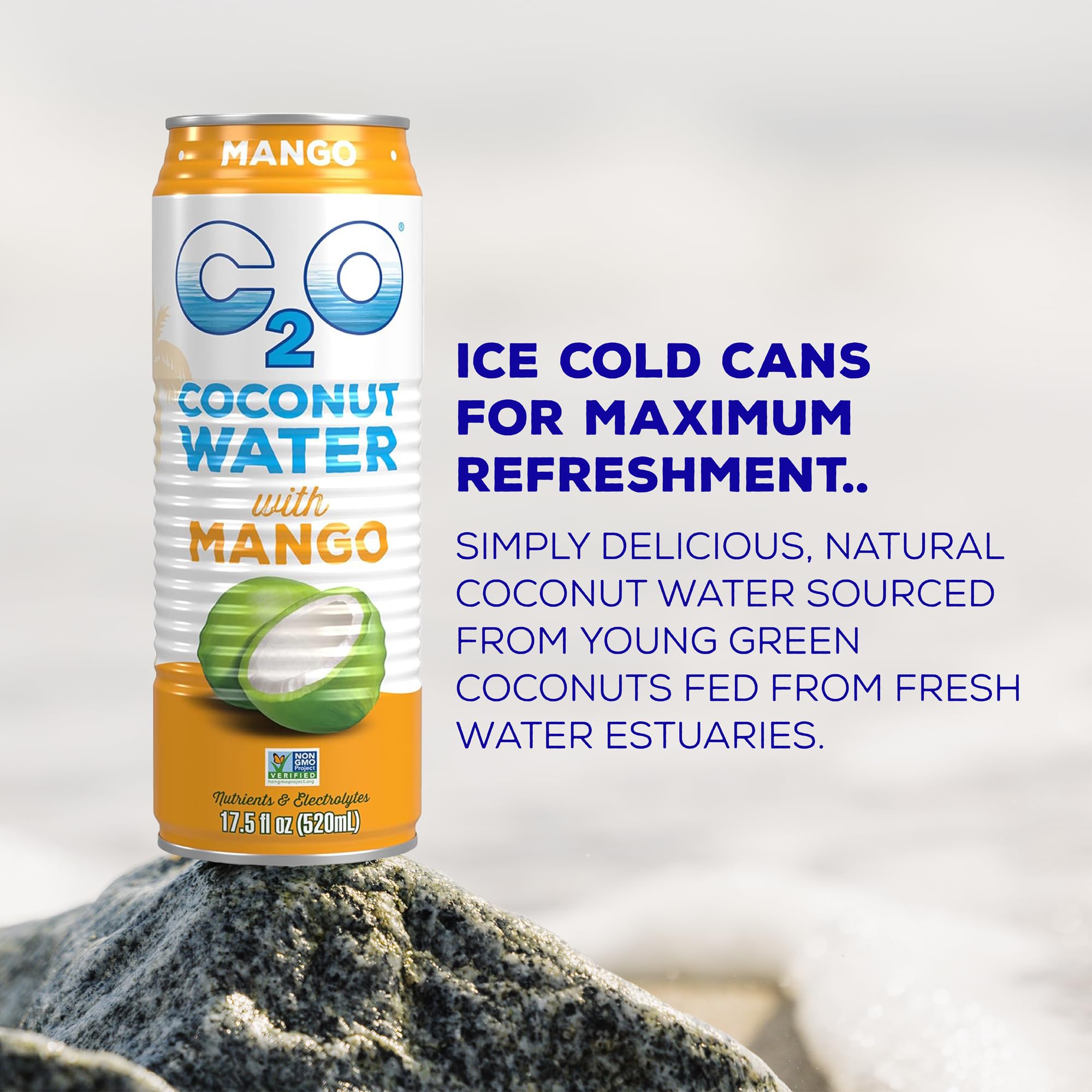 C2O Mango Coconut Water cans on shelf emphasize plant-based hydration you can trust.