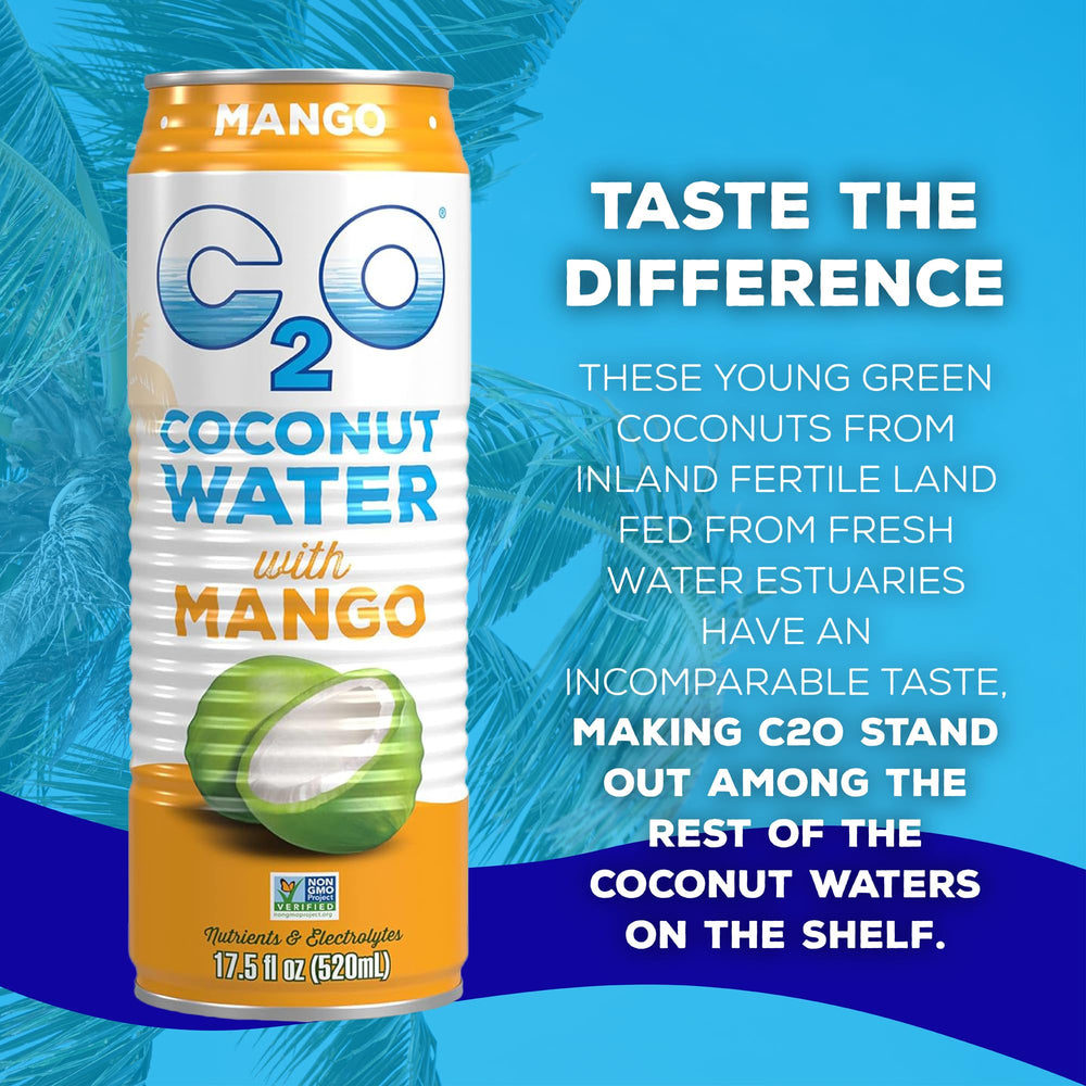 C2O naturally flavored coconut water provides tropical mango taste without artificial ingredients.