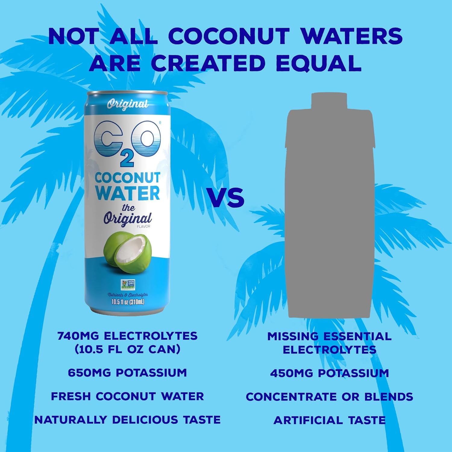 C2O Original coconut water 15-pack display, ideal for sharing and family trips.