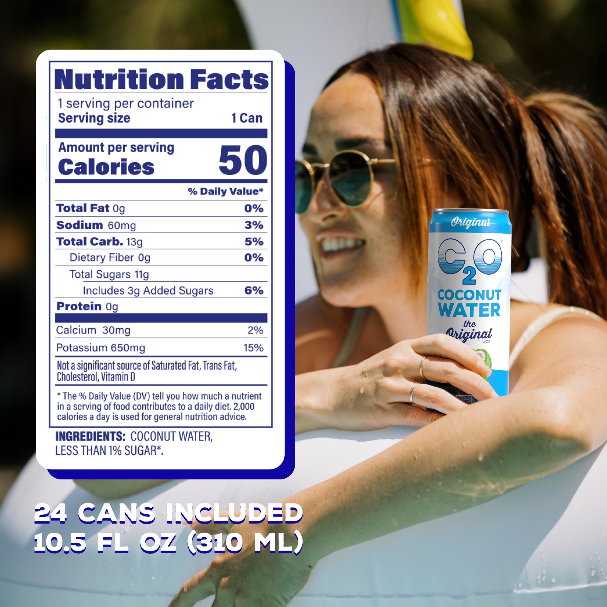 C2O Original coconut water can with glass of ice, refreshing sip