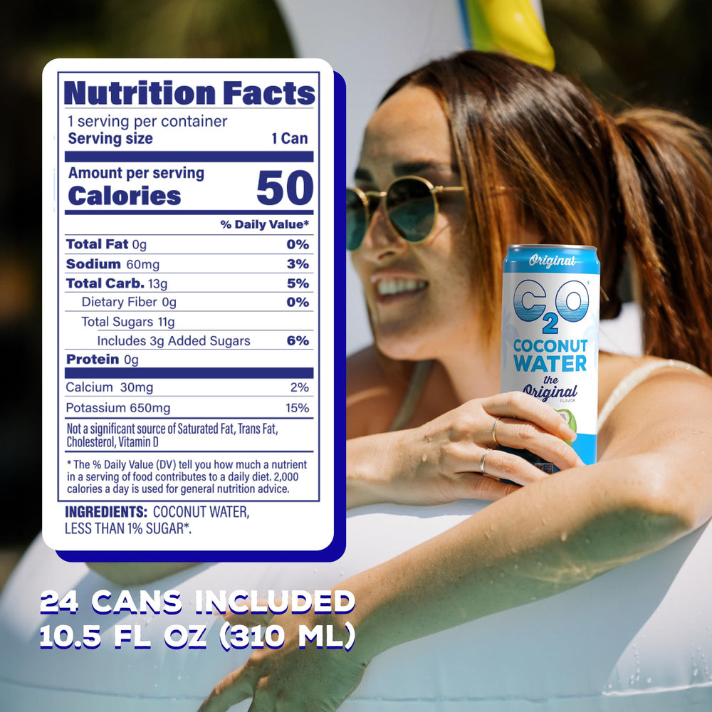 C2O Original coconut water can with glass of ice, refreshing sip