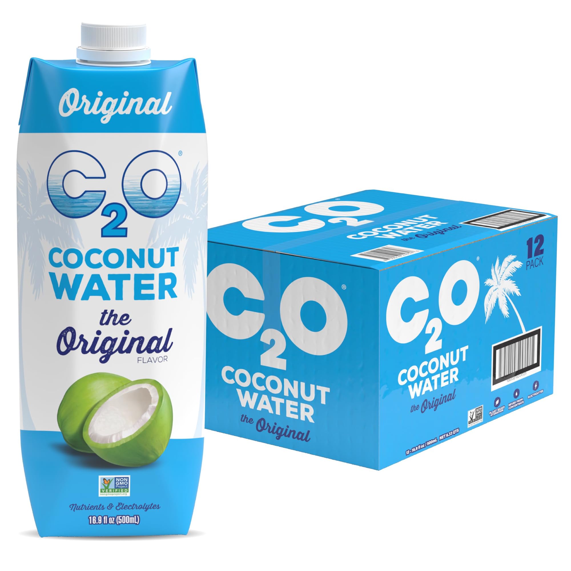 C2O Original coconut water in a 16.9 oz tetra pack for on-the-go refreshment