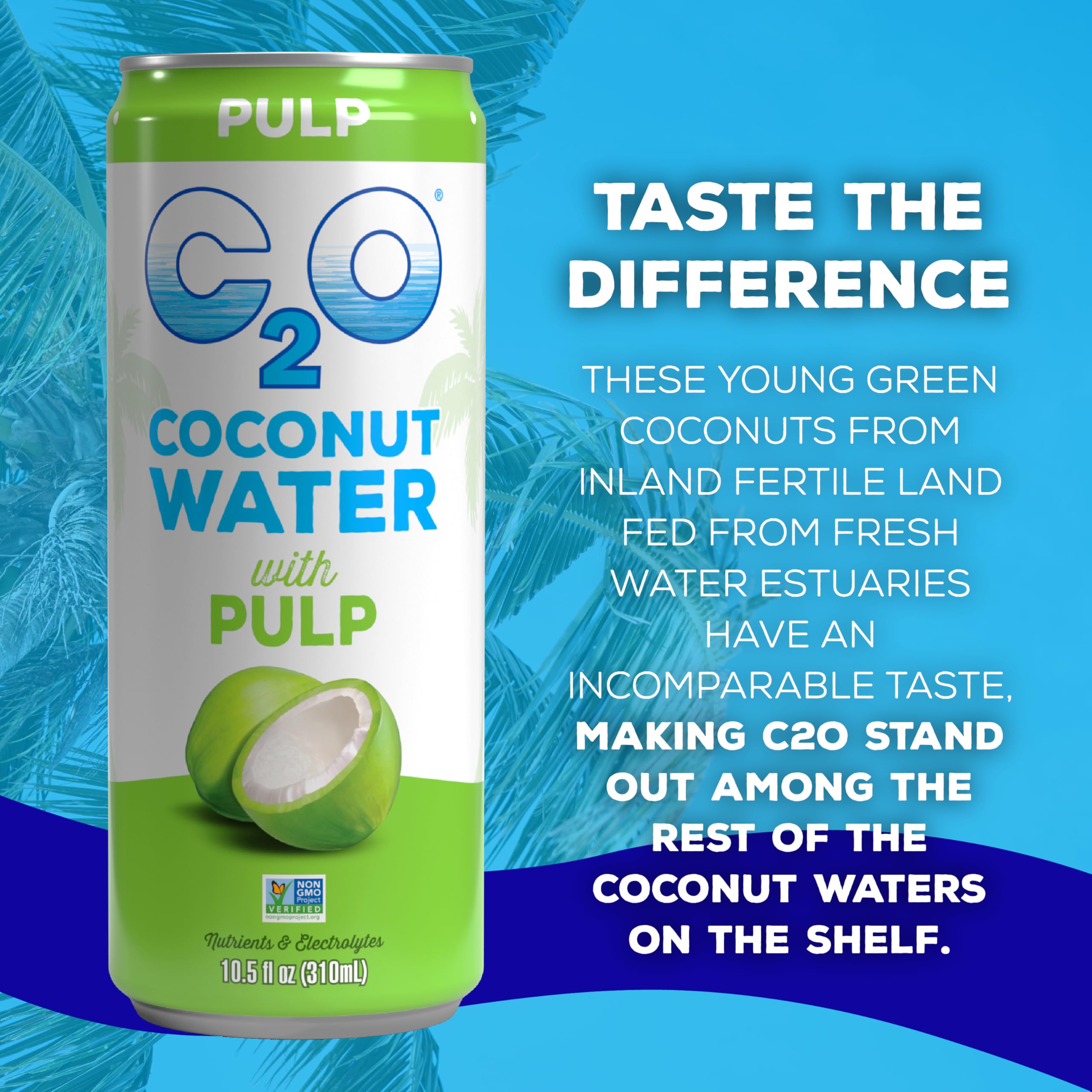 C2O Original Pulp glass with straw demonstrates refreshing post-workout beverage.