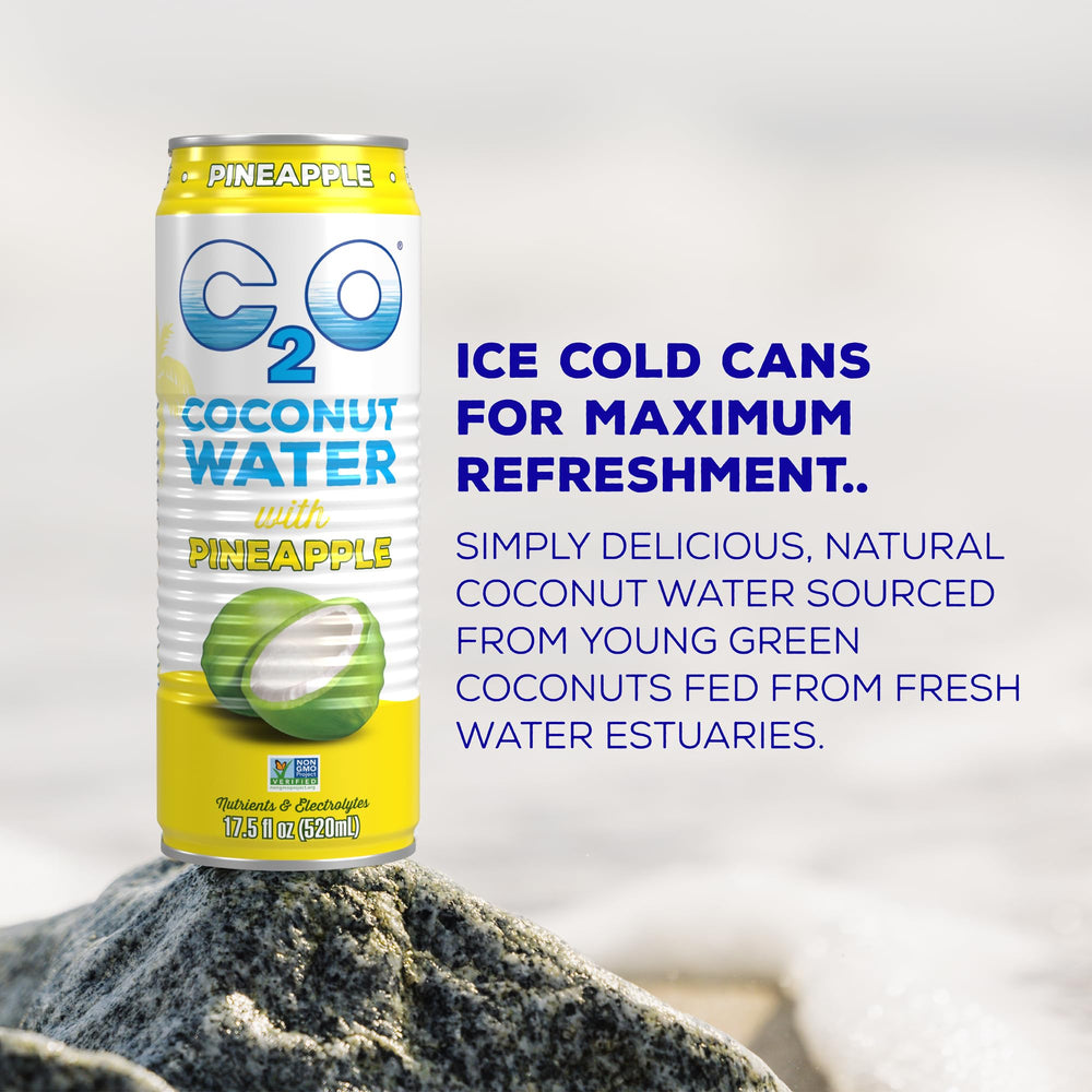C2O pineapple coconut water can exterior for convenient on-the-go hydration