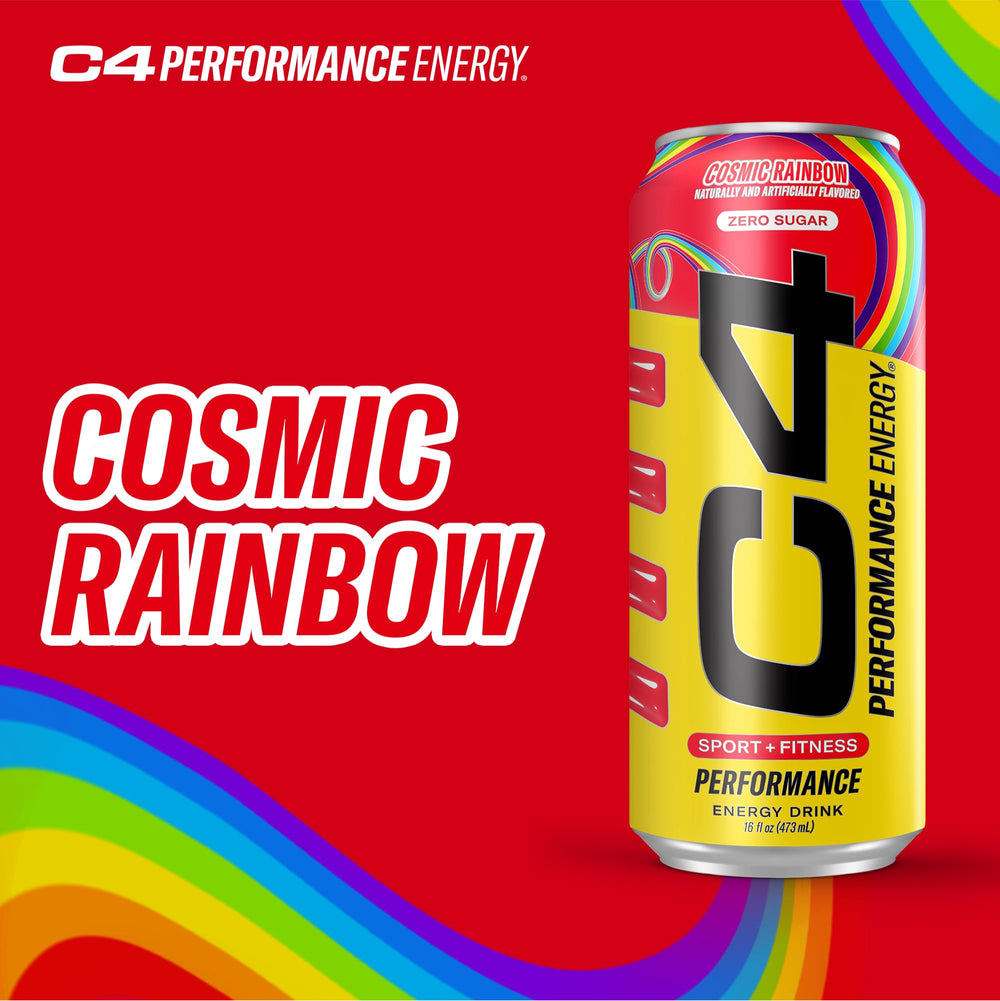 Refreshing C4 Cosmic Rainbow poured into a glass showing zero sugar taste