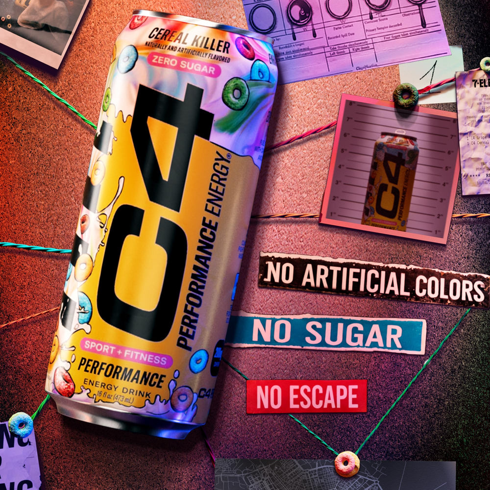 C4 Energy Cereal Killer can back nutrition panel shows key nutrients and caffeine.