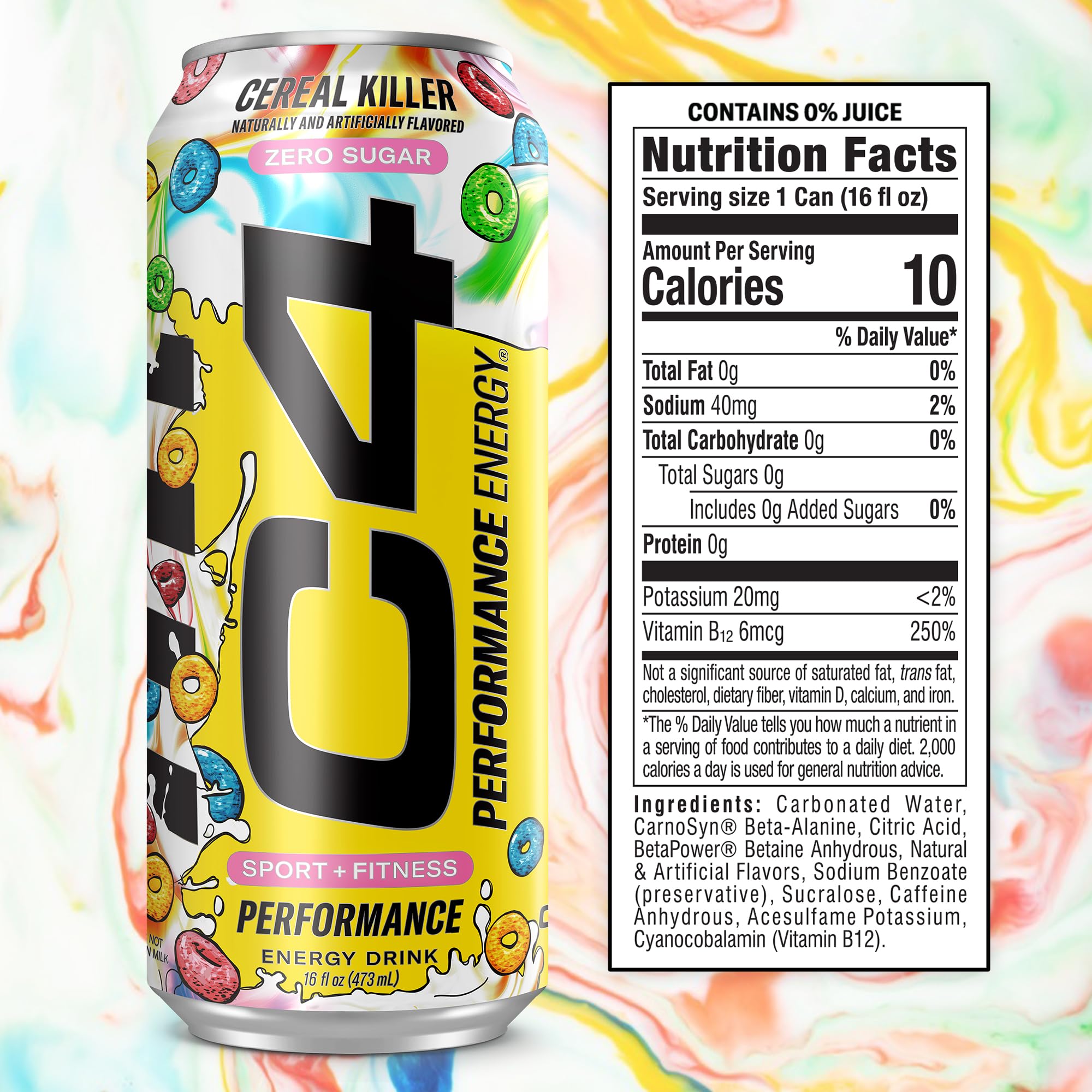 C4 Energy Cereal Killer can front label highlights zero sugar and bold flavor.