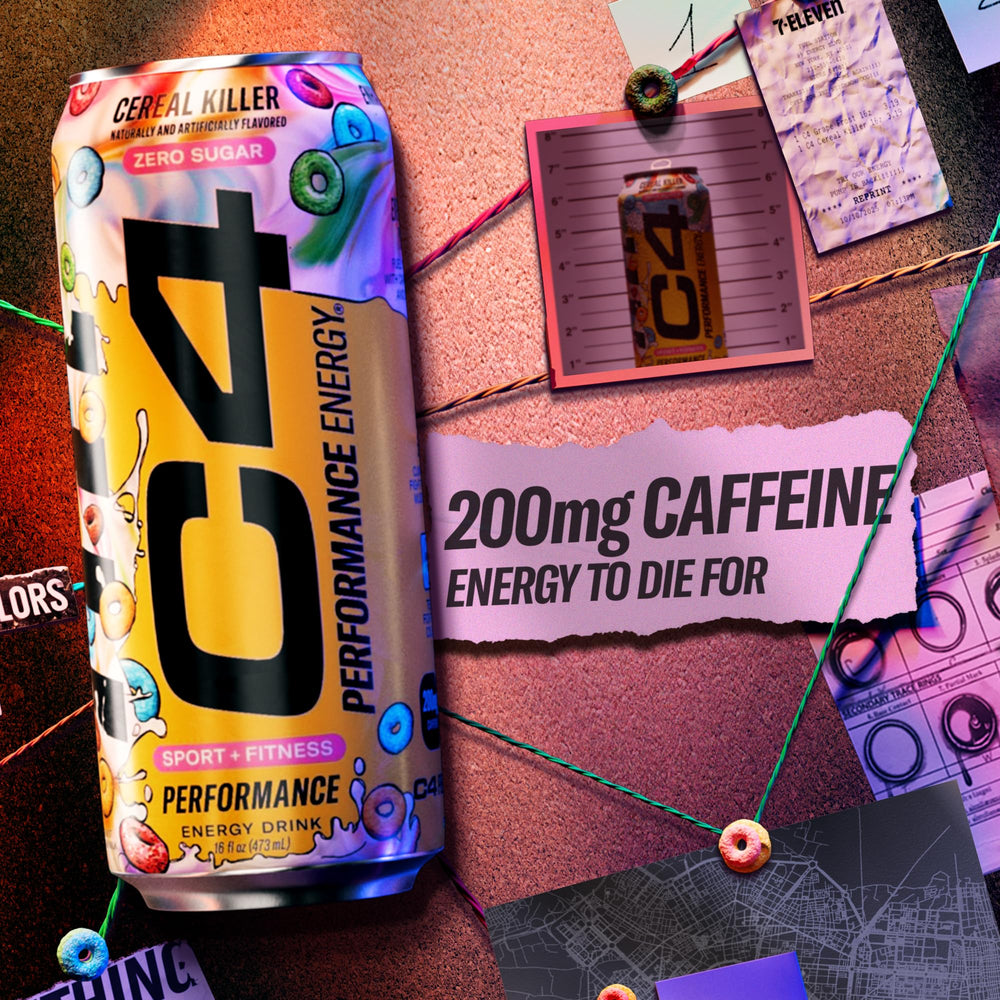 C4 Energy Cereal Killer being poured into a glass reveals bubbly flavor.