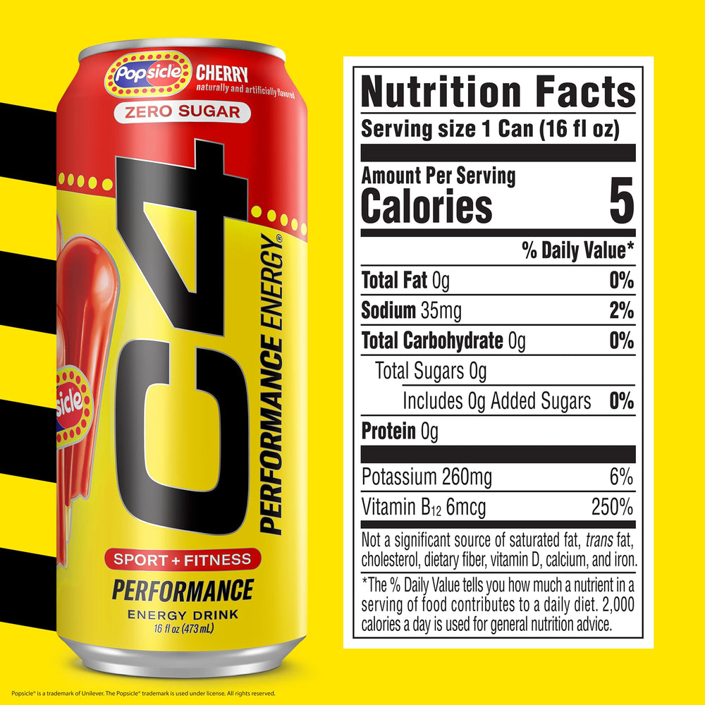 C4 Energy Cherry can side graphic highlights sugar-free formula for clean energy