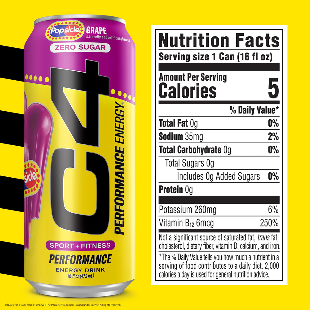 C4 Energy Drink Grape Popsicle can with vibrant label signaling clean energy.