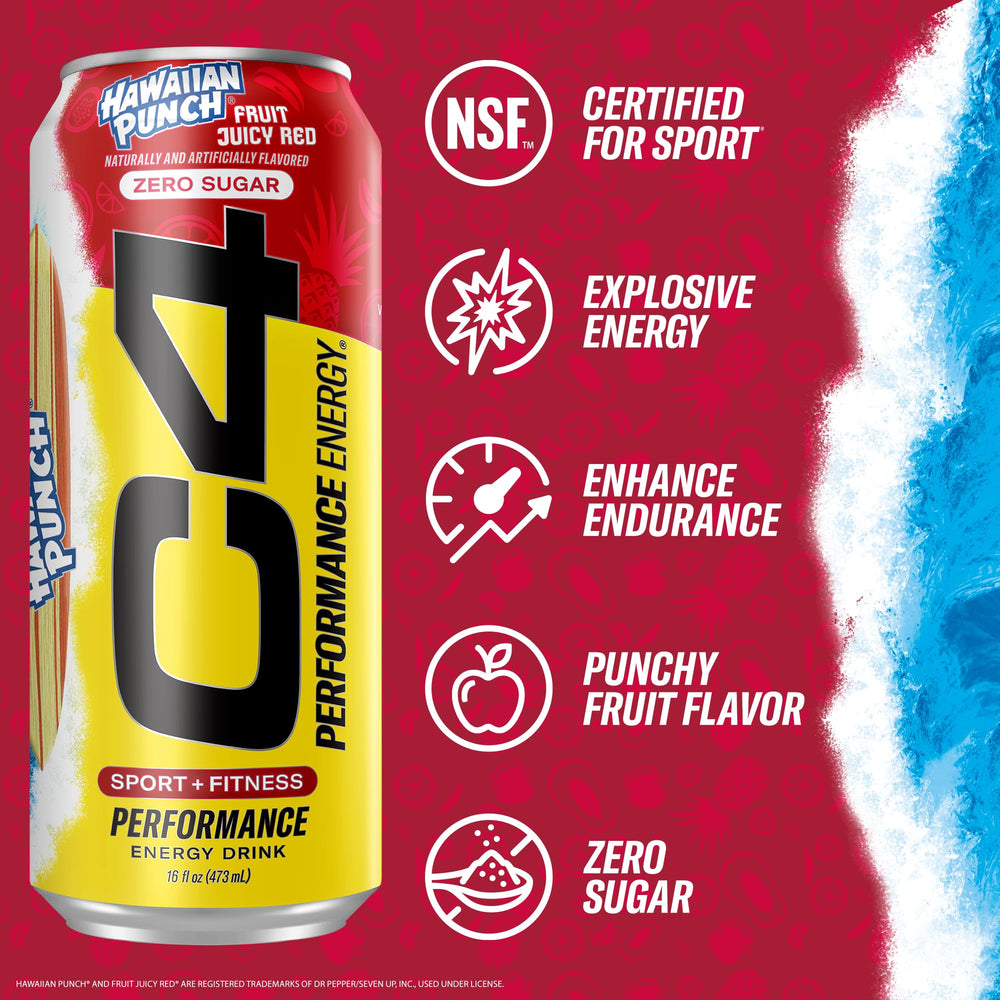 Back of C4 Energy Hawaiian Punch can highlighting zero calories and no artificial colors.