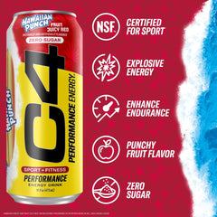 Back of C4 Energy Hawaiian Punch can highlighting zero calories and no artificial colors.