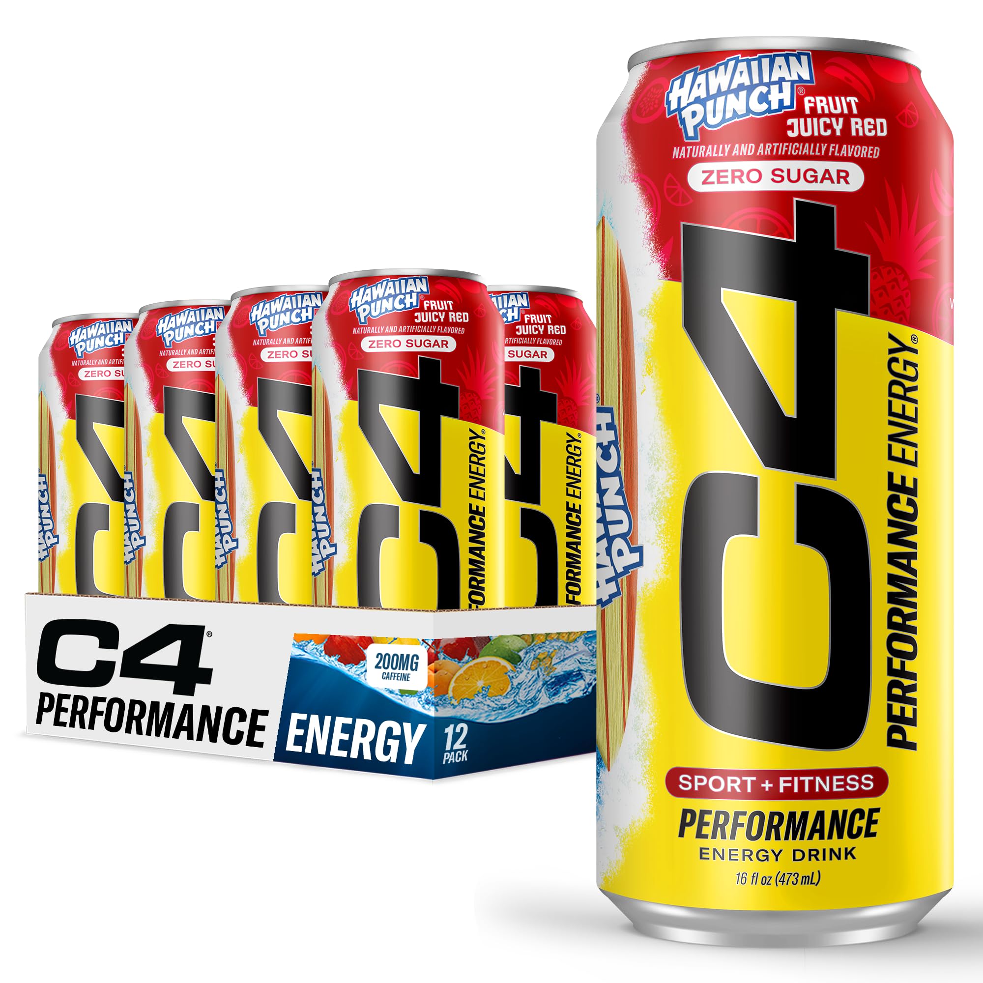 C4 Energy Hawaiian Punch can front view with vibrant color and sugar-free boost.