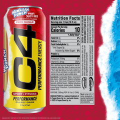 Close-up of C4 Energy Hawaiian Punch label showing caffeine and no artificial colors.