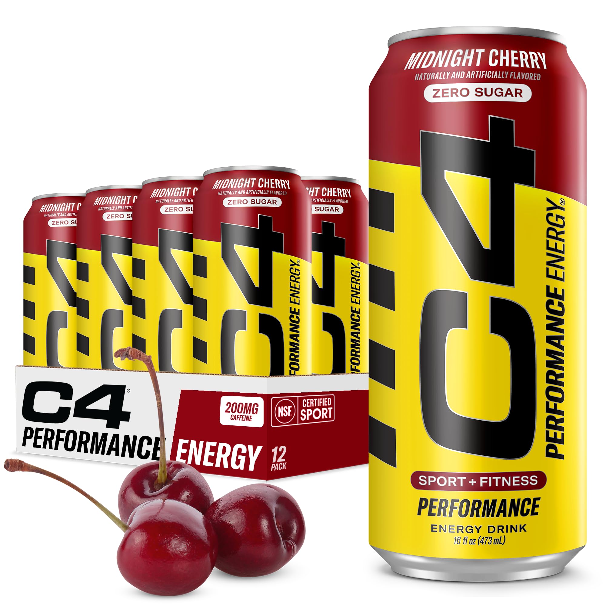 C4 Energy Midnight Cherry can front view showing zero sugar energy boost for workouts