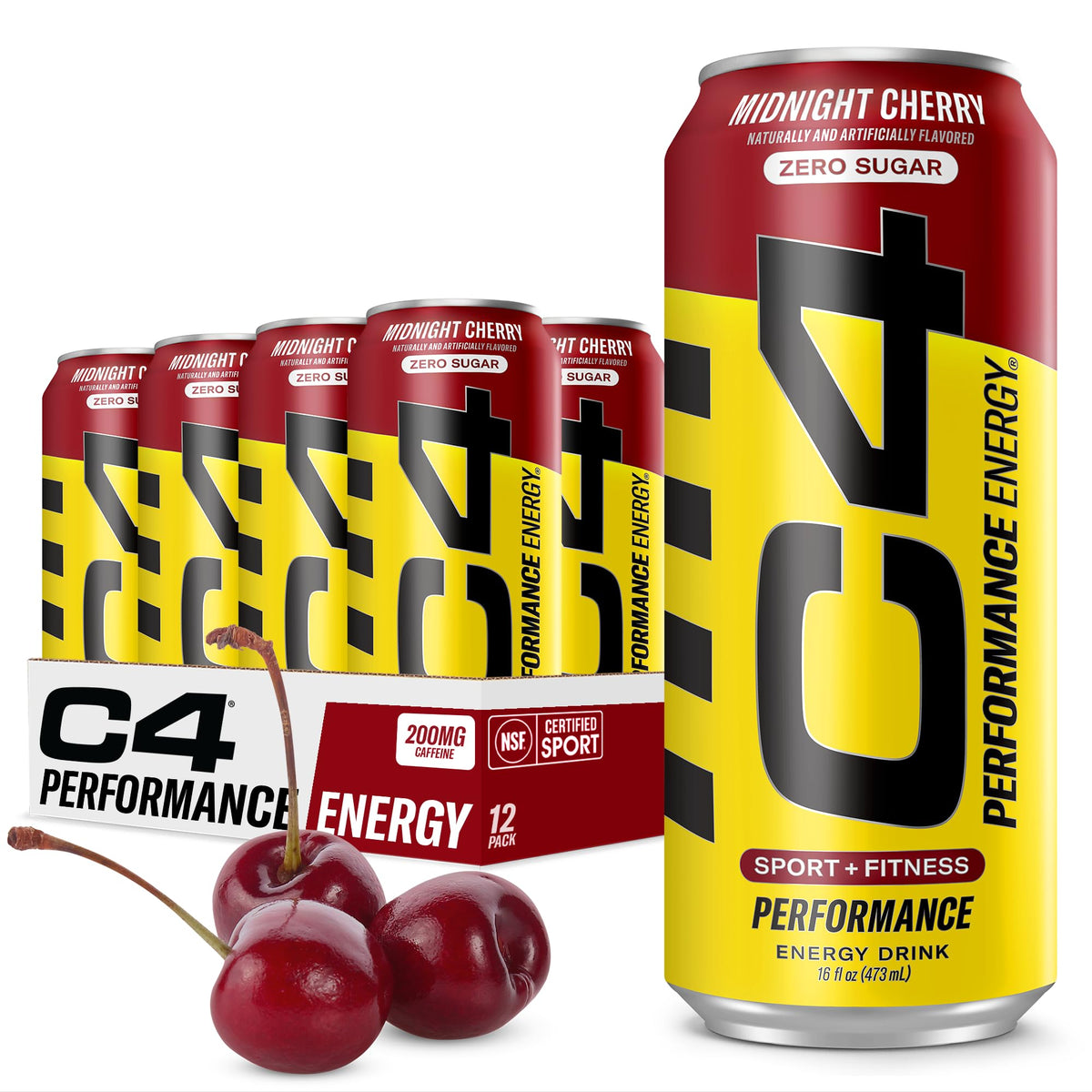 C4 Energy Midnight Cherry can front view showing zero sugar energy boost for workouts