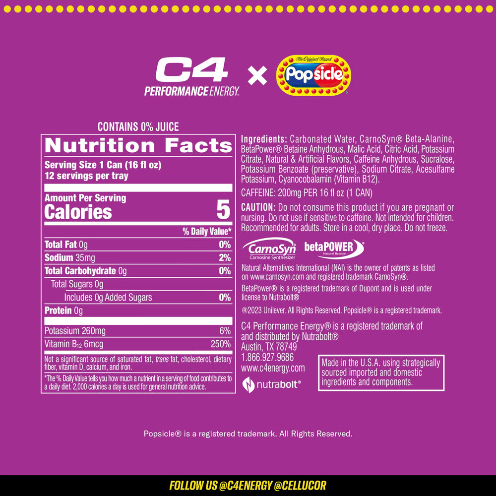 C4 Energy Popsicle sugar-free formulation label for easy decision-making.