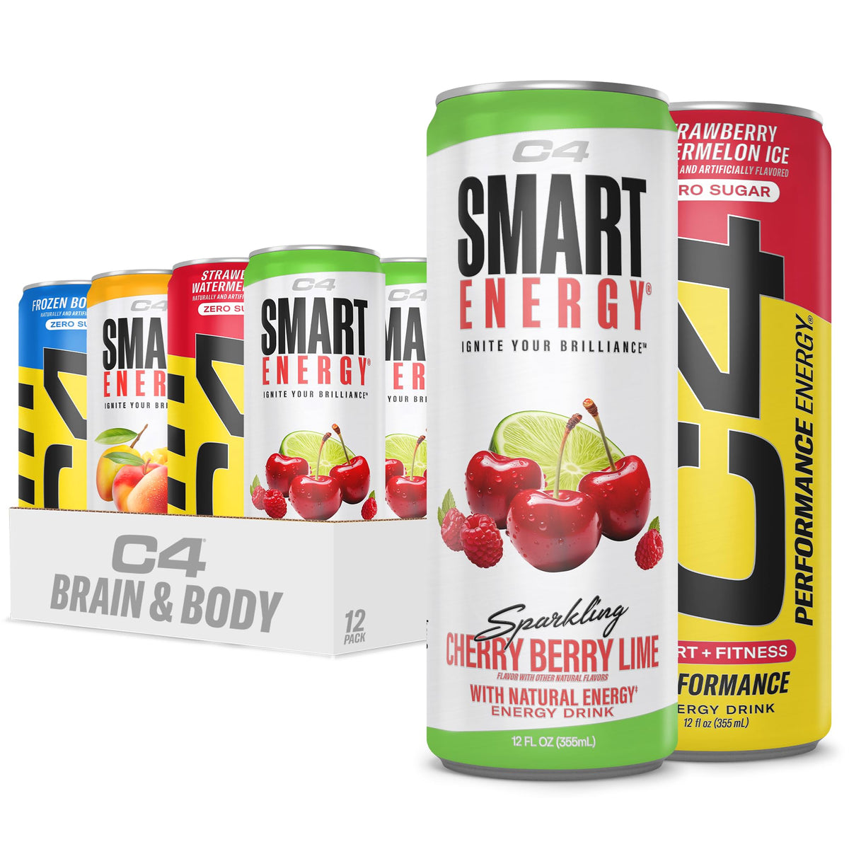 C4 Energy and Smart Energy Variety Pack can showcasing zero sugar for clean energy.