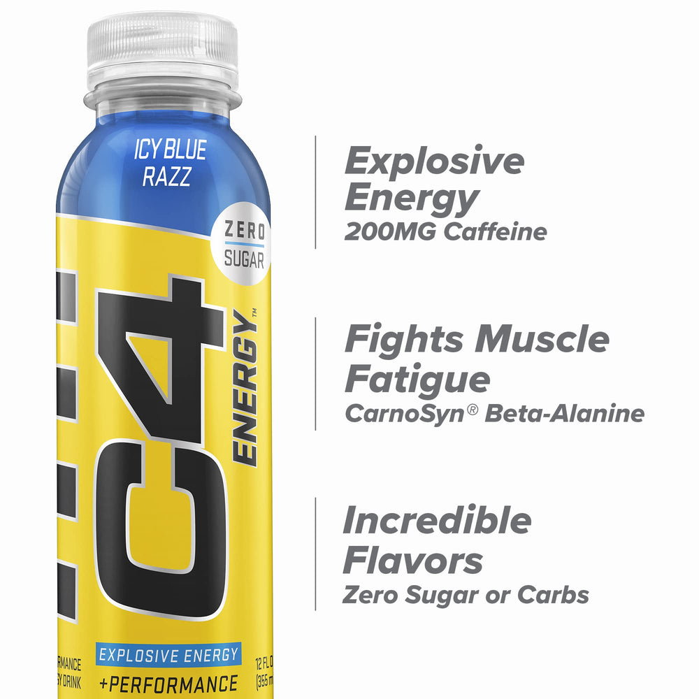 C4 Energy STL Icy Blue Razz label close-up reveals premium ingredients and caffeine blend.