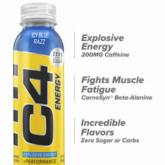 C4 Energy STL Icy Blue Razz label close-up reveals premium ingredients and caffeine blend.