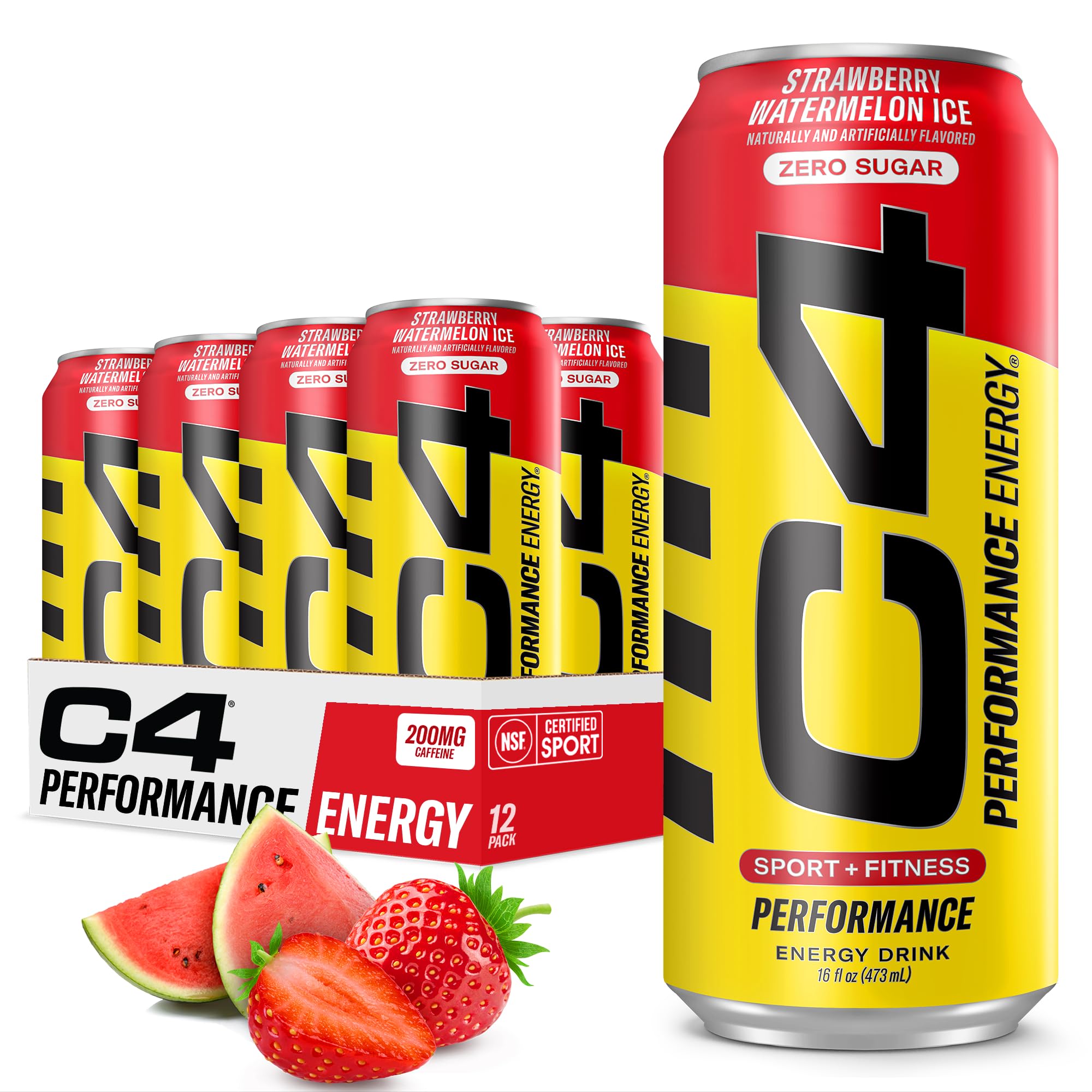 C4 Energy Strawberry Watermelon Ice 16oz bottle highlighting the flavor and energizing formula.