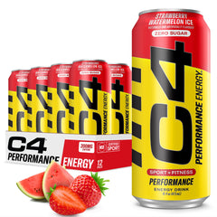 C4 Energy Strawberry Watermelon Ice 16oz bottle highlighting the flavor and energizing formula.