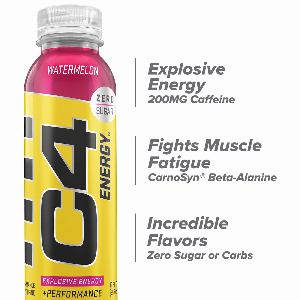 Close-up of C4 Energy Watermelon label highlighting zero sugar