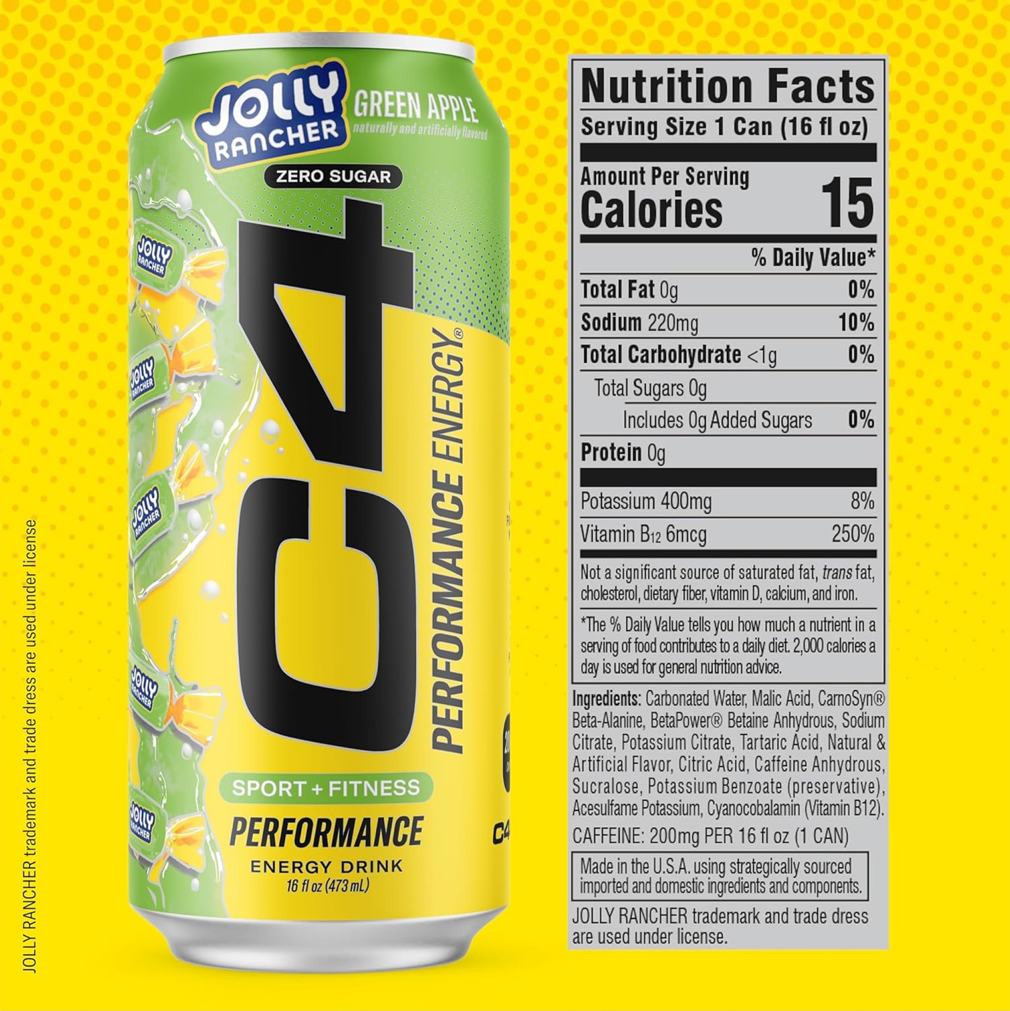 Close-up of C4 Green Apple label highlighting zero sugar.